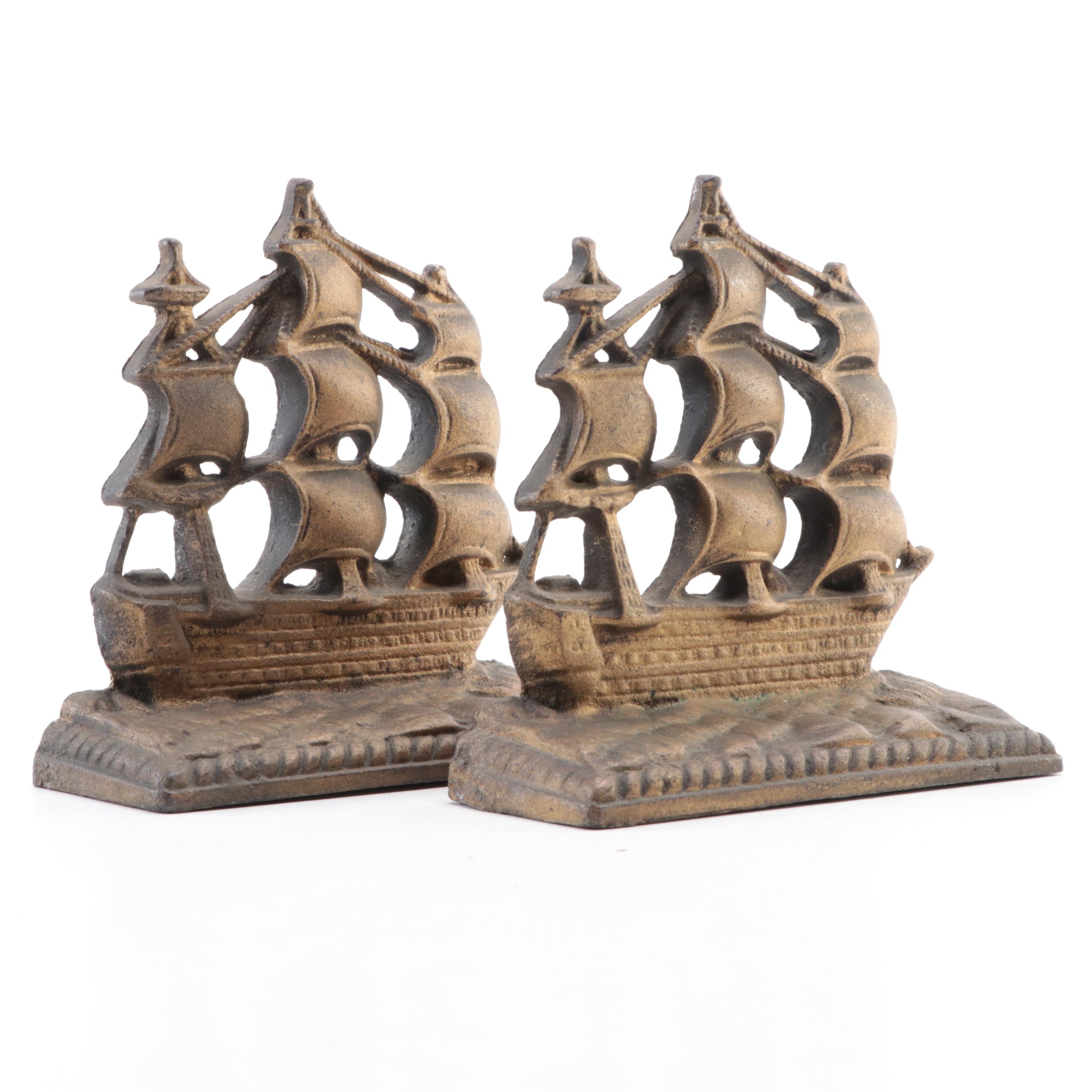 Painted Cast Iron Clipper Ship Bookends, Mid-20th Century
