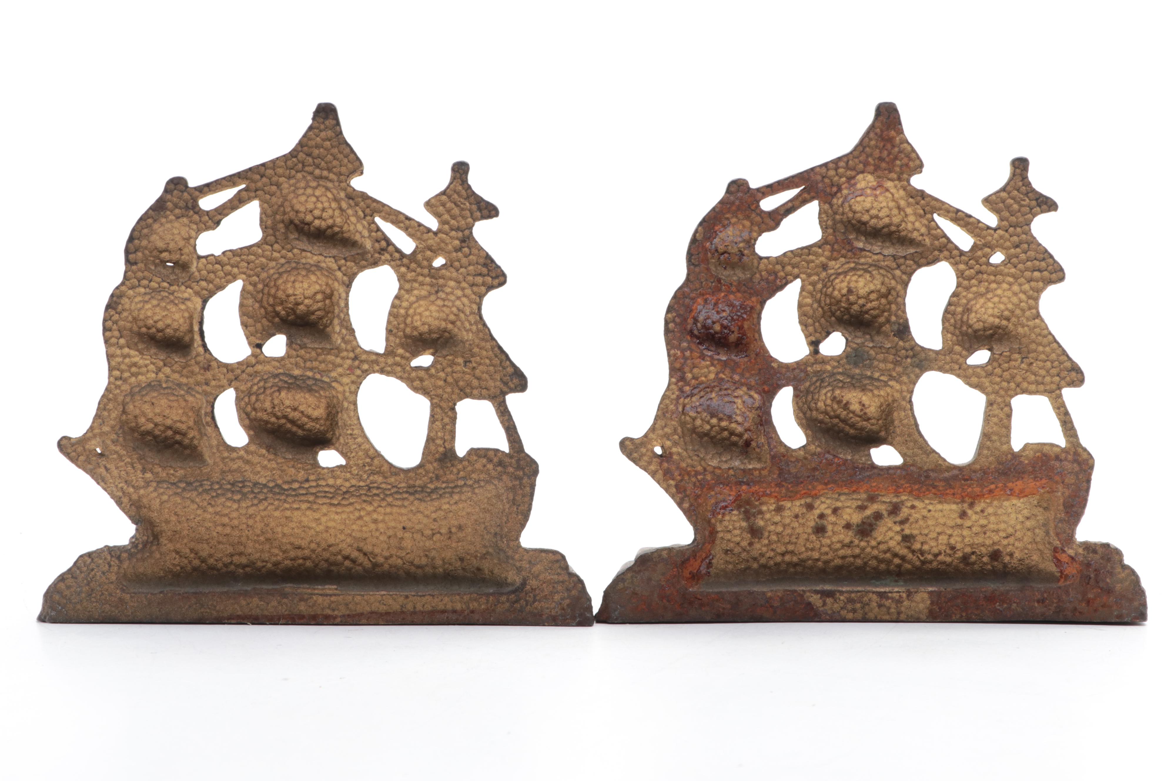 Painted Cast Iron Clipper Ship Bookends, Mid-20th Century