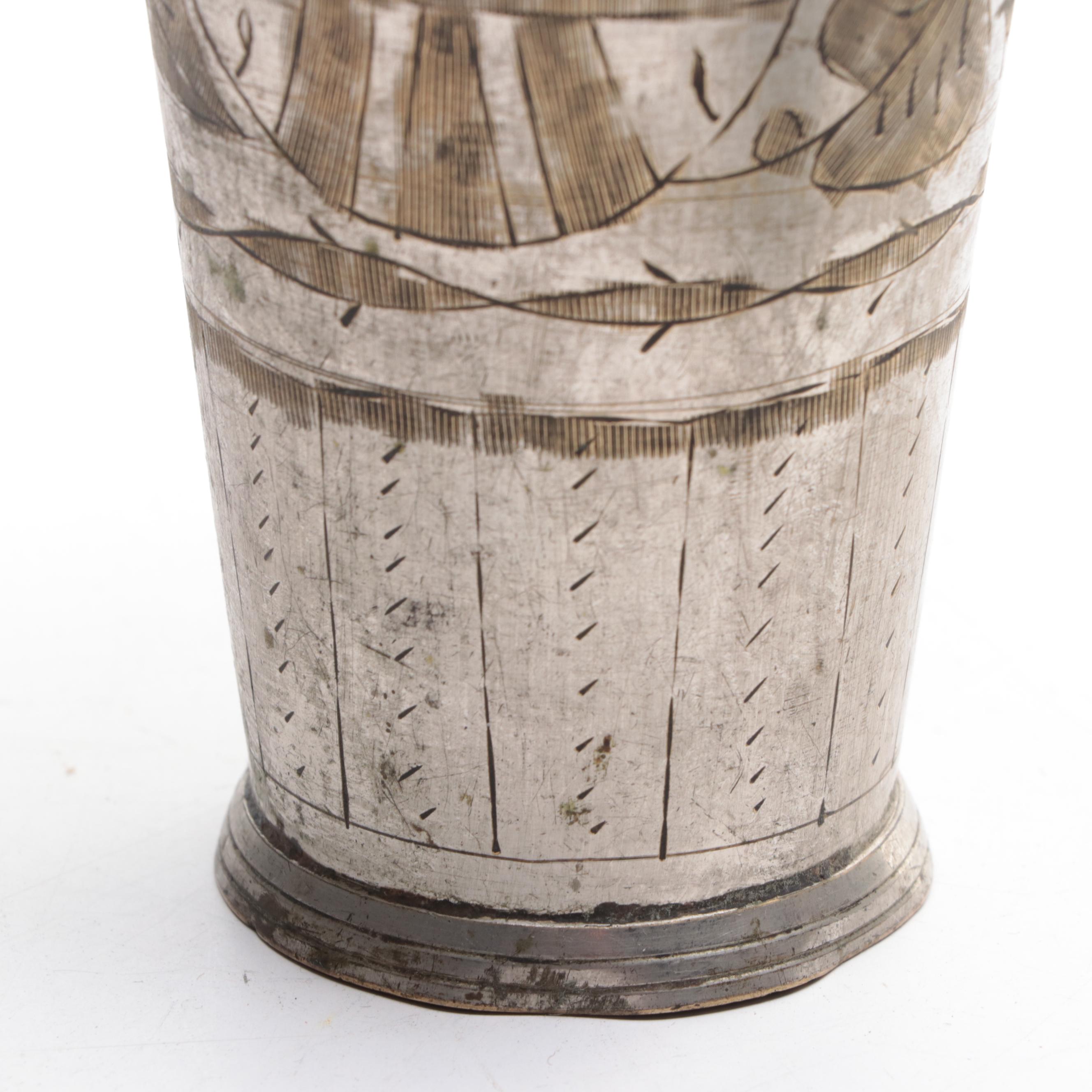 Indian Engraved Silver Plate Brass Cup with Top Hat Inkwell and Table Lighter