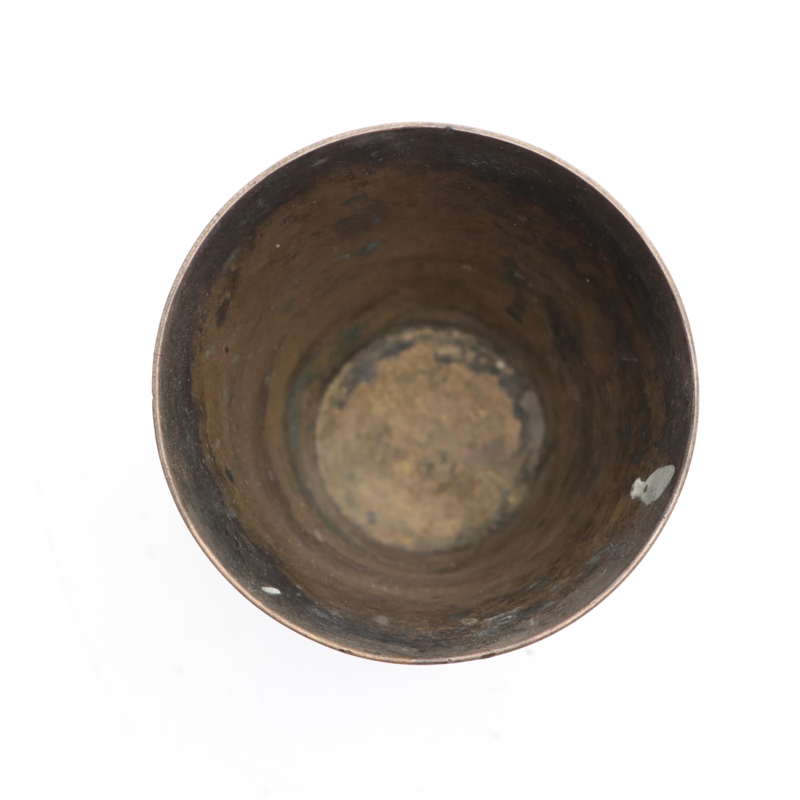 Indian Engraved Silver Plate Brass Cup with Top Hat Inkwell and Table Lighter