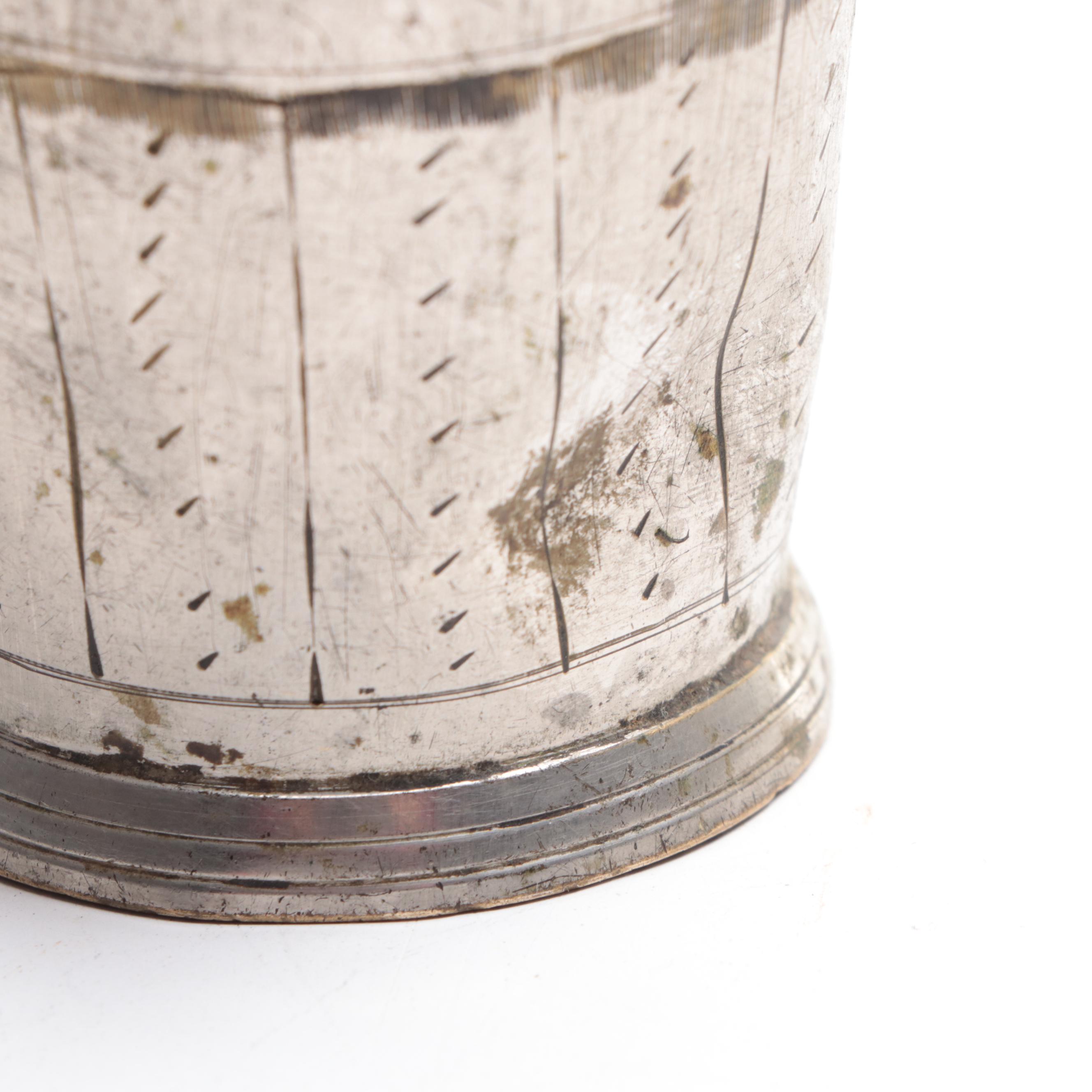 Indian Engraved Silver Plate Brass Cup with Top Hat Inkwell and Table Lighter