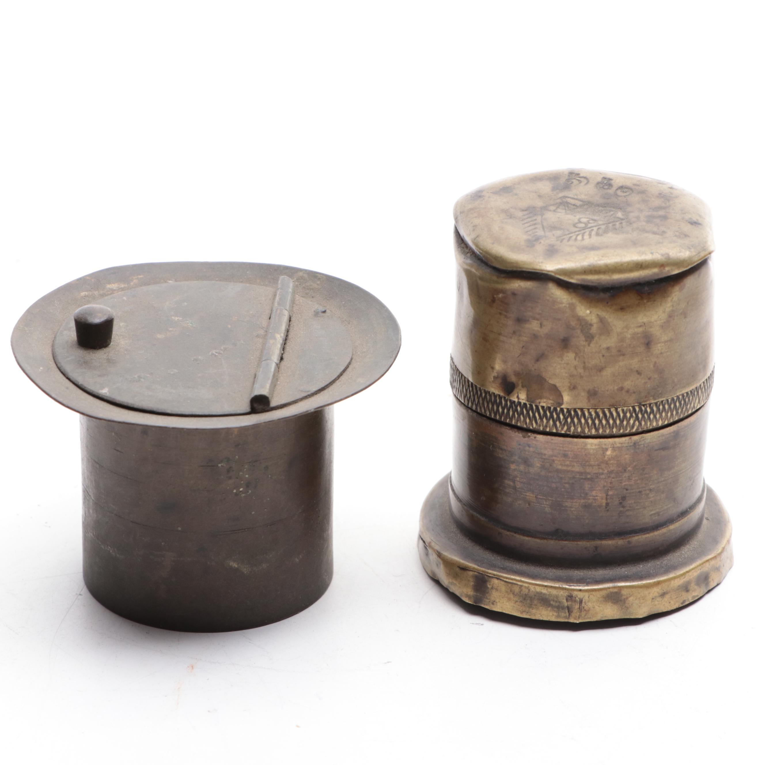 Indian Engraved Silver Plate Brass Cup with Top Hat Inkwell and Table Lighter