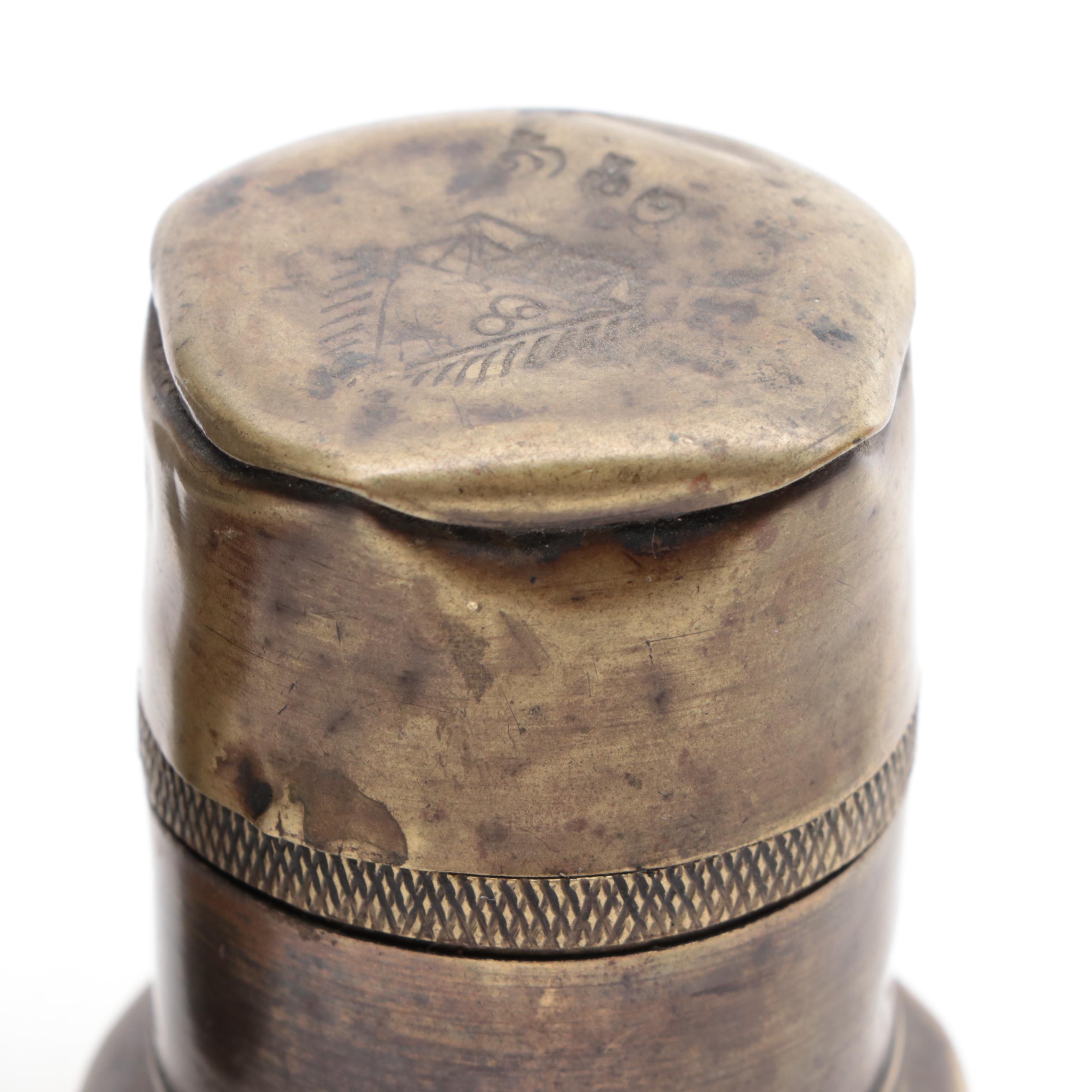 Indian Engraved Silver Plate Brass Cup with Top Hat Inkwell and Table Lighter