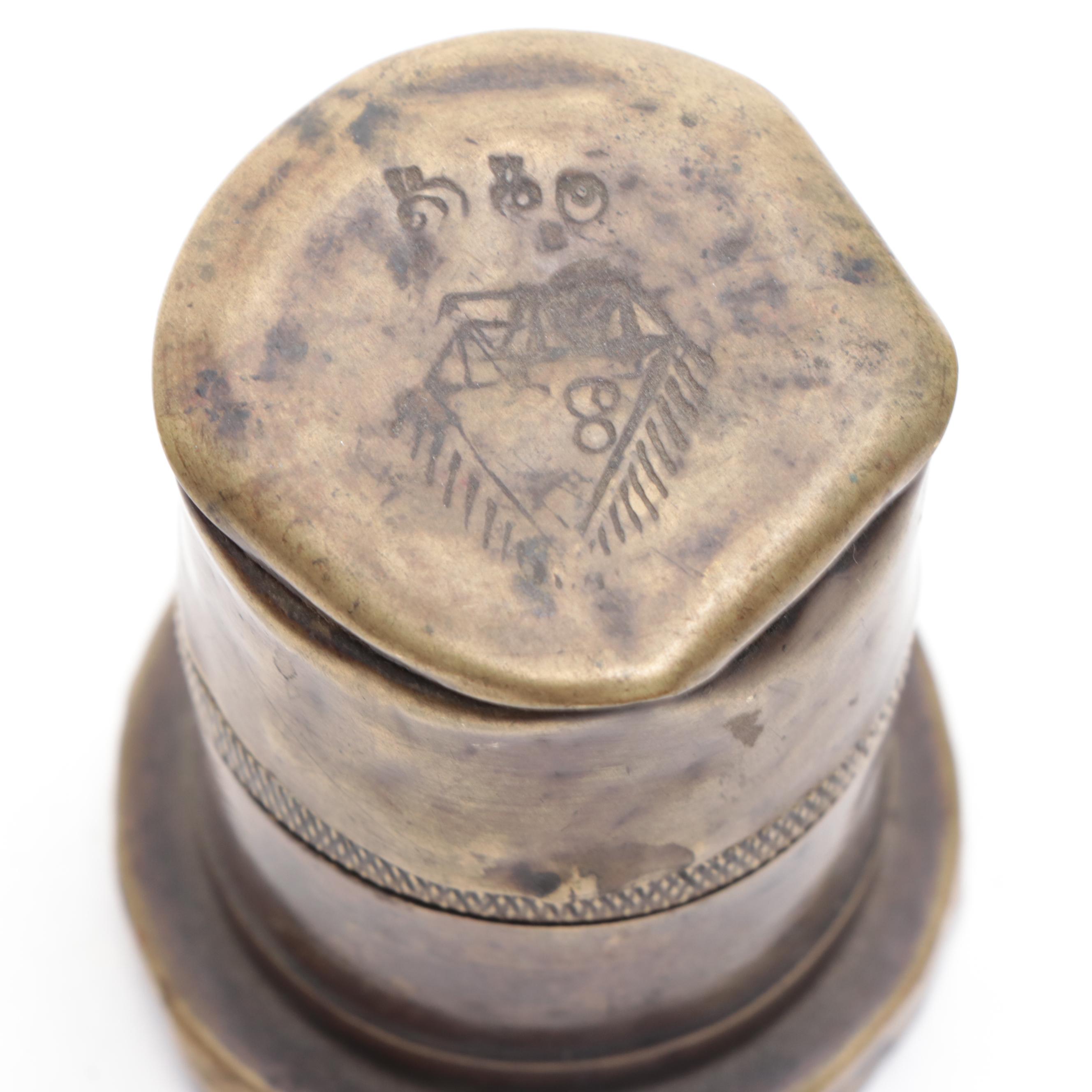 Indian Engraved Silver Plate Brass Cup with Top Hat Inkwell and Table Lighter