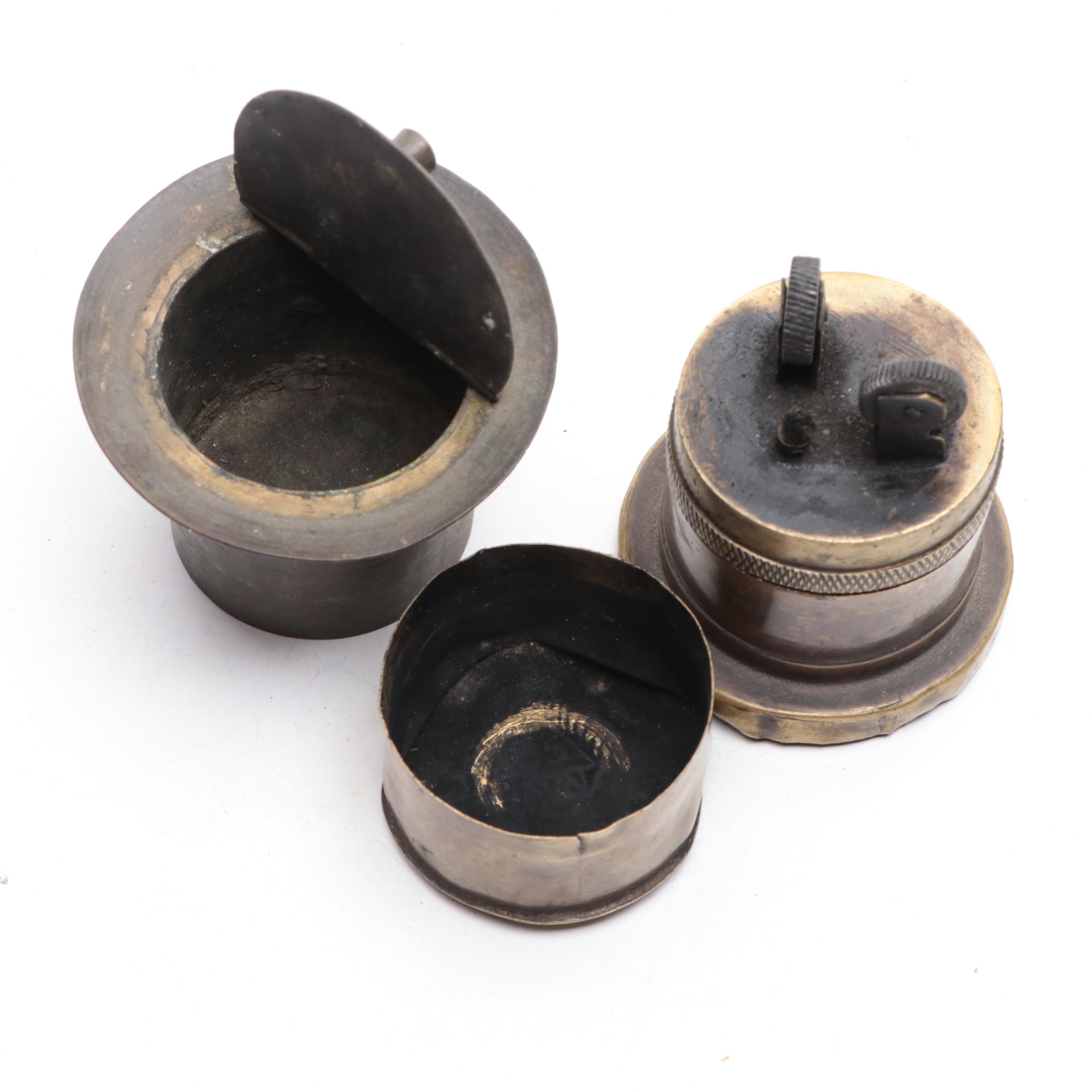 Indian Engraved Silver Plate Brass Cup with Top Hat Inkwell and Table Lighter