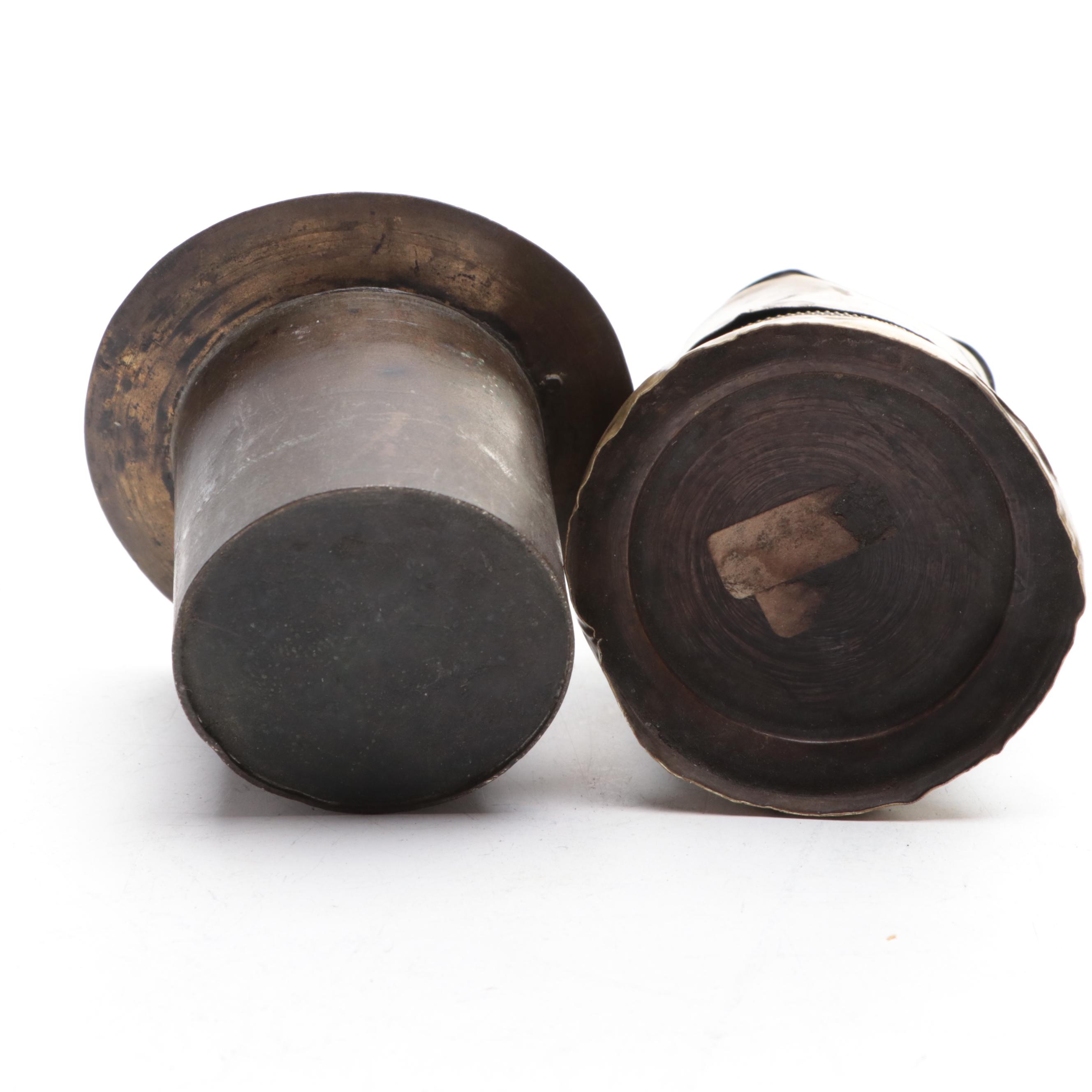 Indian Engraved Silver Plate Brass Cup with Top Hat Inkwell and Table Lighter