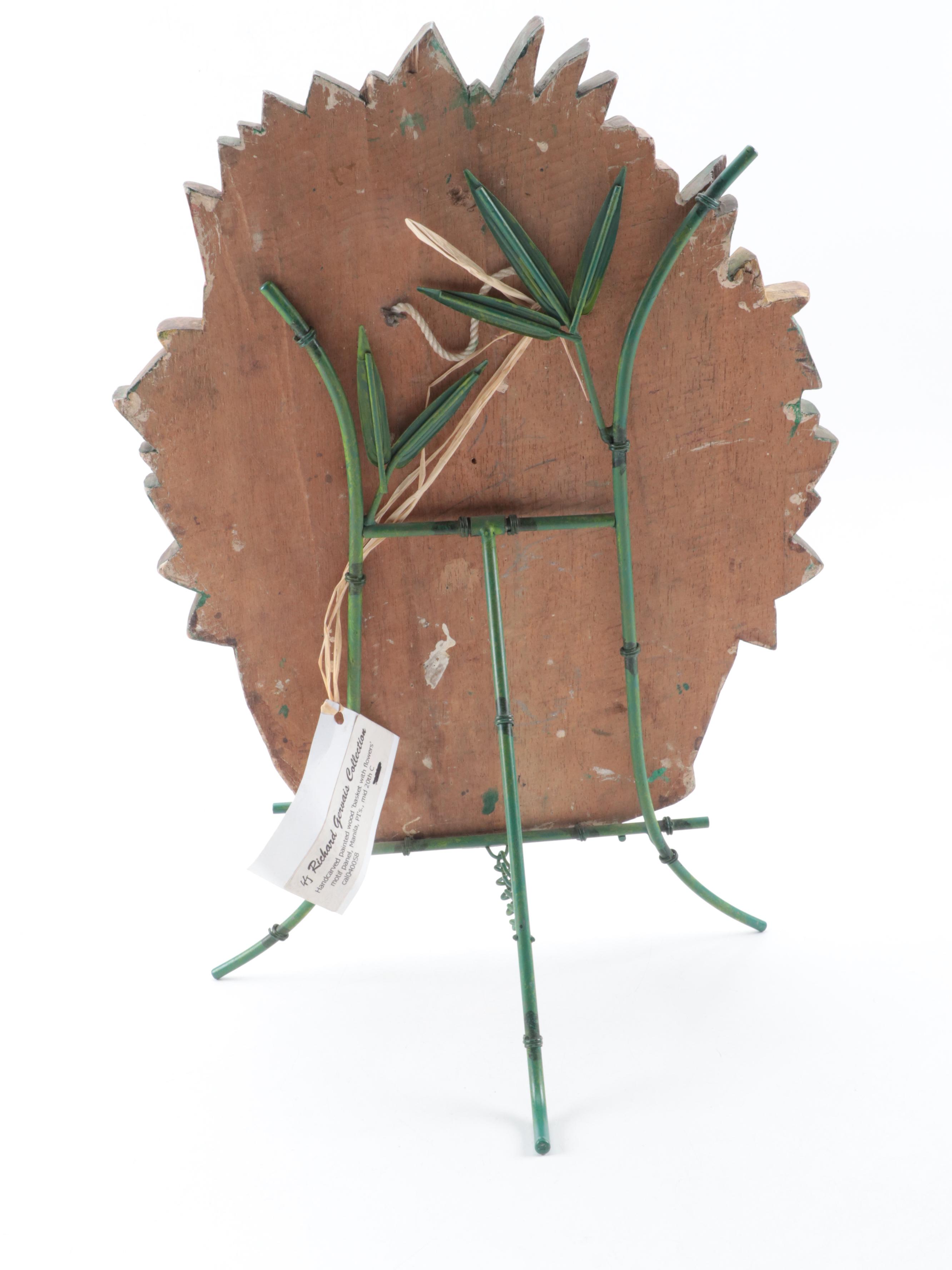 Philippine Carved and Polychromed Basket of Flowers on Bamboo-Form Easel