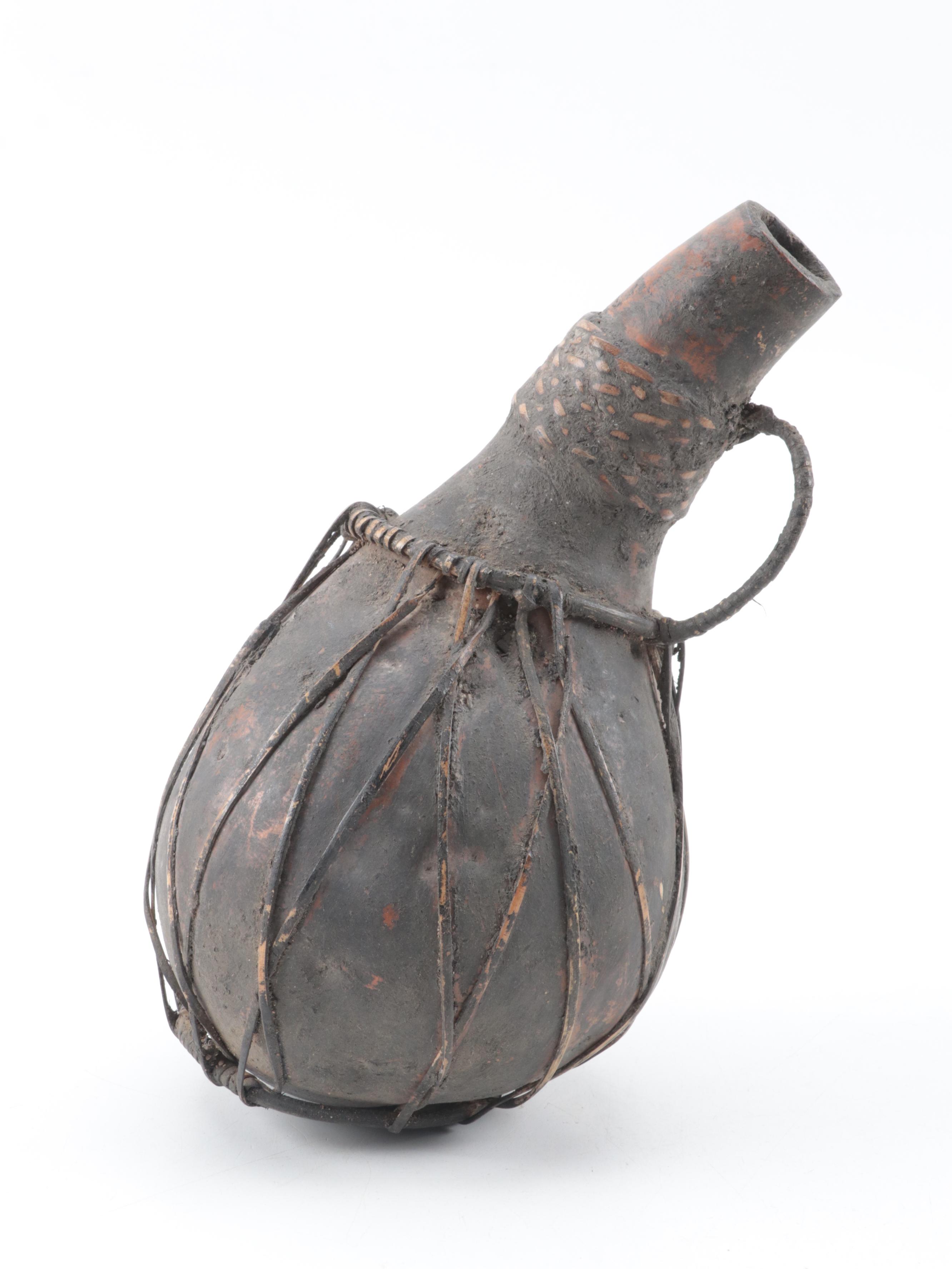 Ethiopian Gourd Storage Vessel with Cowrie, Leather, Wire Detail, Other Gourd