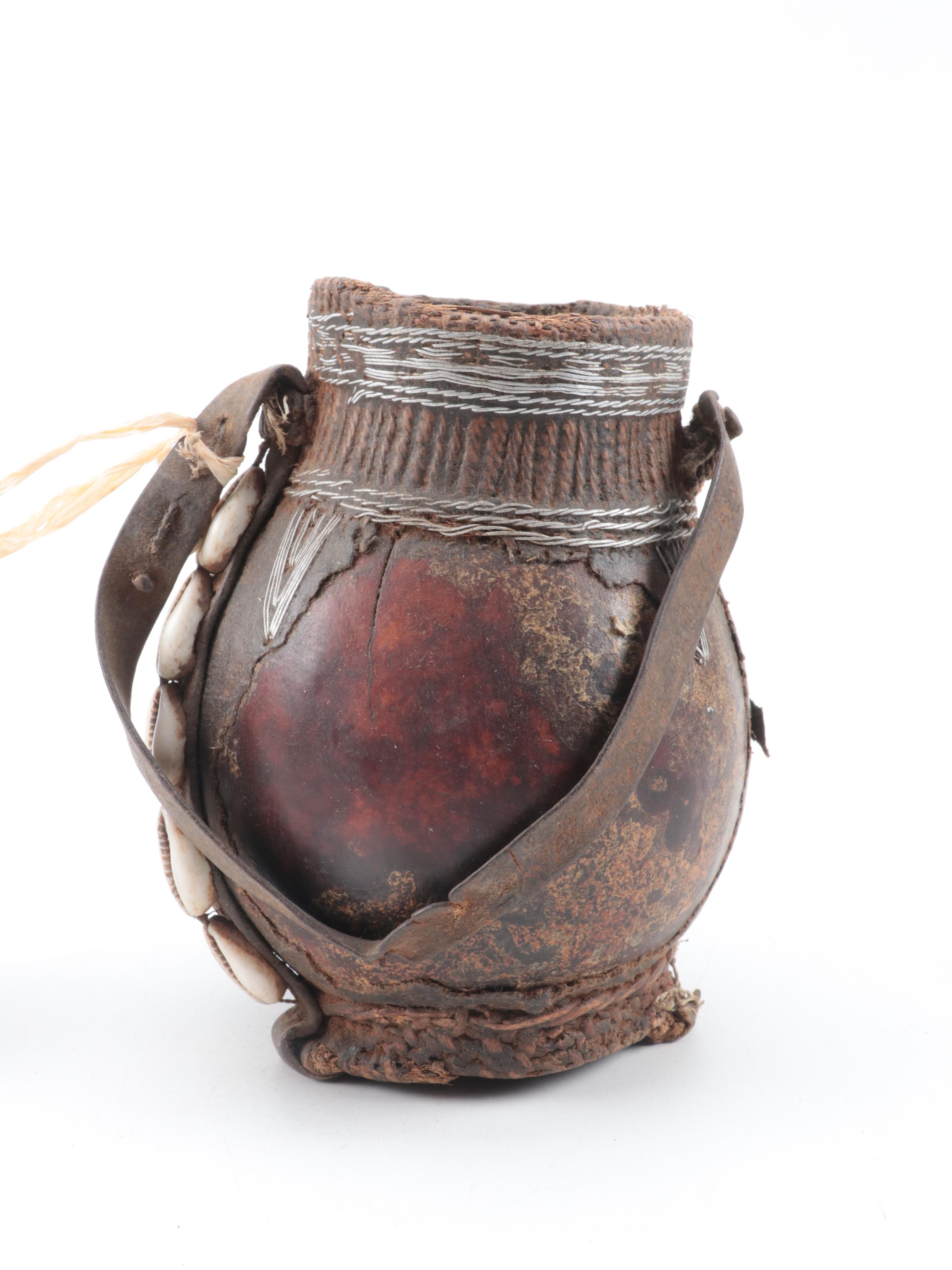 Ethiopian Gourd Storage Vessel with Cowrie, Leather, Wire Detail, Other Gourd