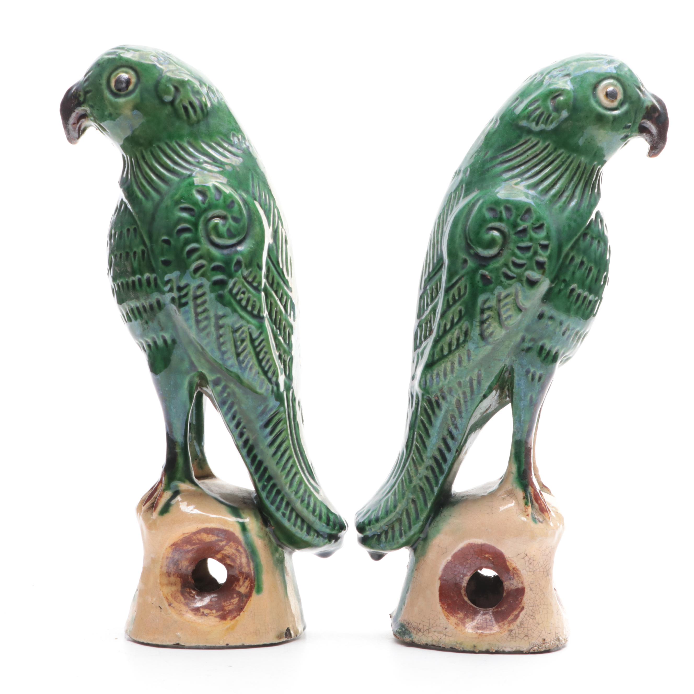 Pair of Chinese Export Earthenware Green Glazed Parrot Figurines