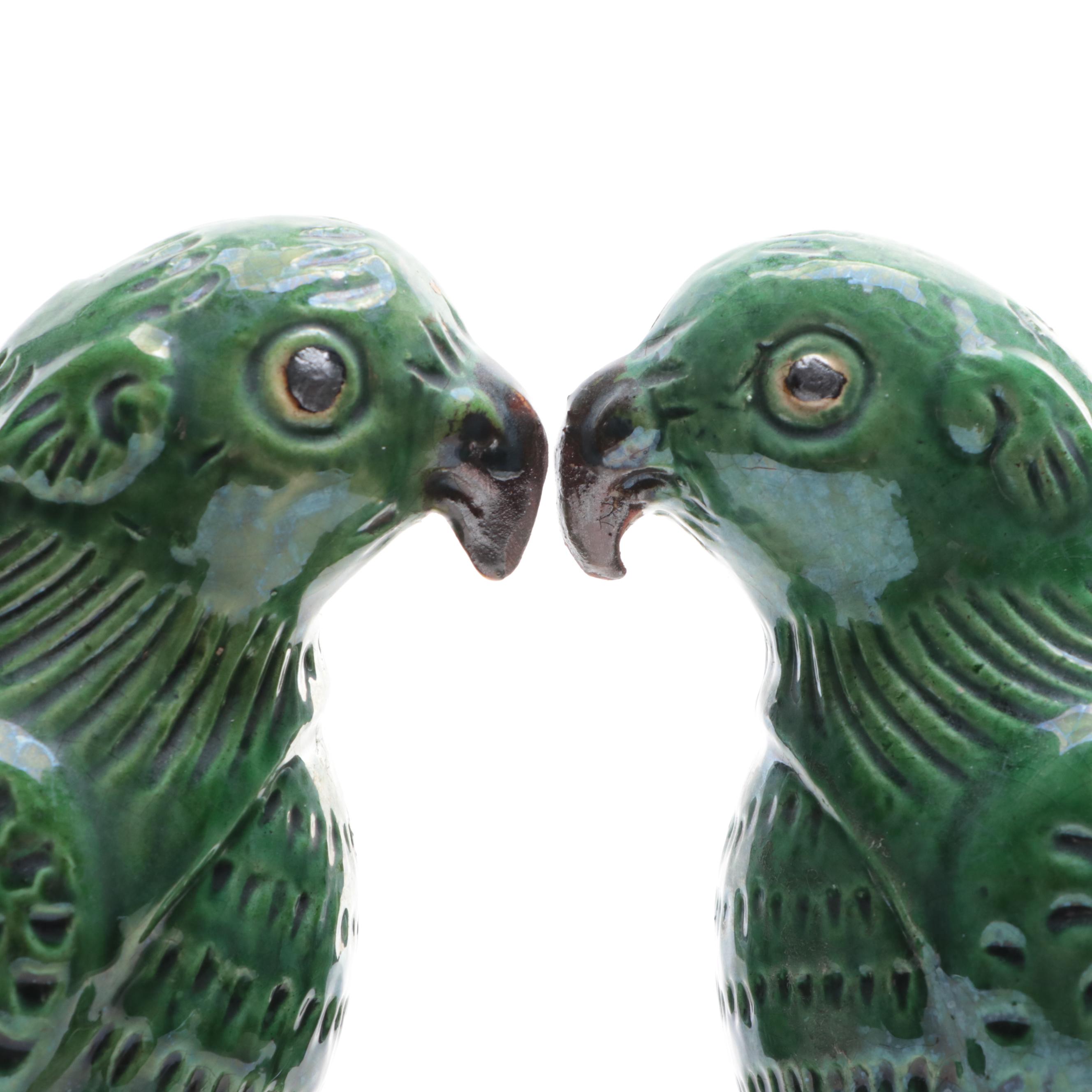 Pair of Chinese Export Earthenware Green Glazed Parrot Figurines