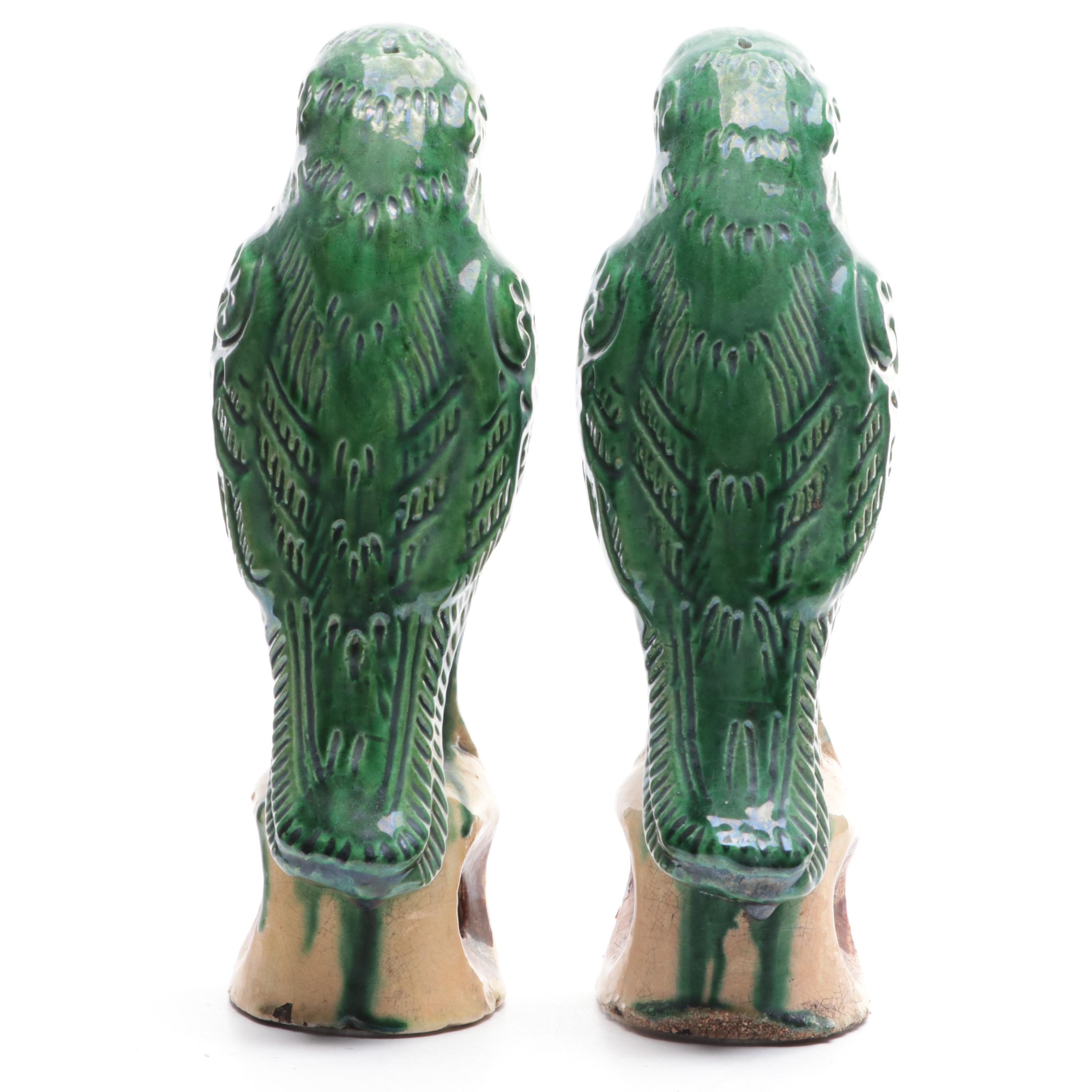 Pair of Chinese Export Earthenware Green Glazed Parrot Figurines