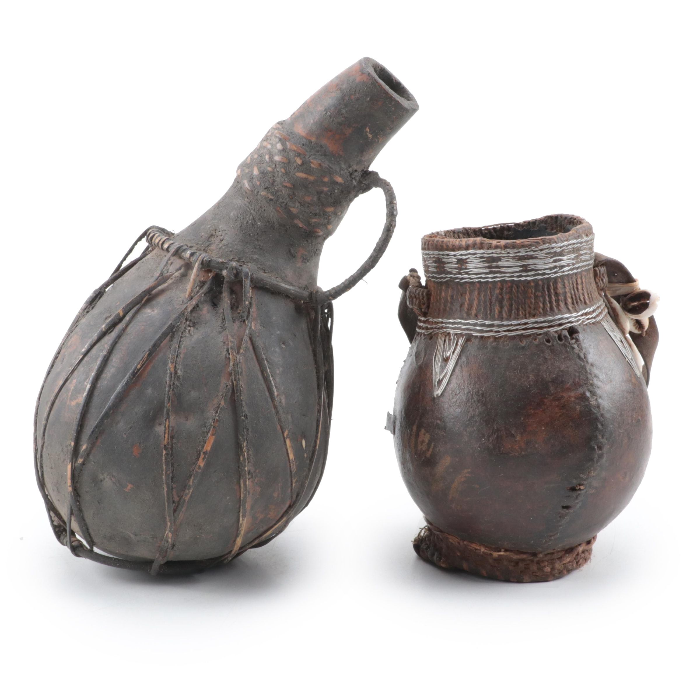 Ethiopian Gourd Storage Vessel with Cowrie, Leather, Wire Detail, Other Gourd