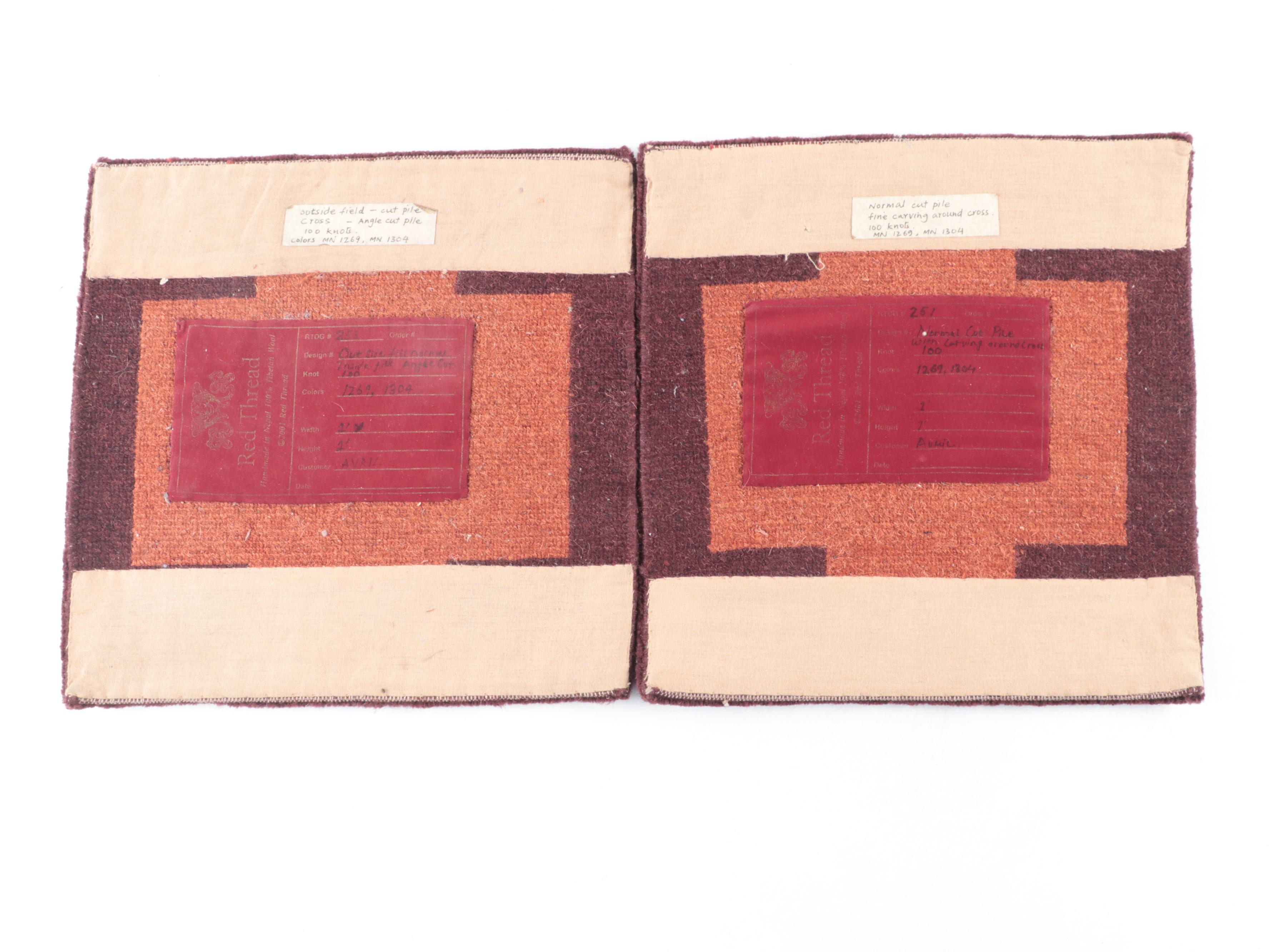Two 1' x 1' Hand-Knotted Red Thread Nepalese Floor Mats with Cross