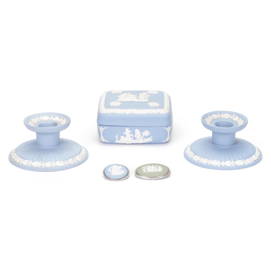 Wedgwood Blue Jasperware Candlesticks and Box with Sage and Blue Brooches