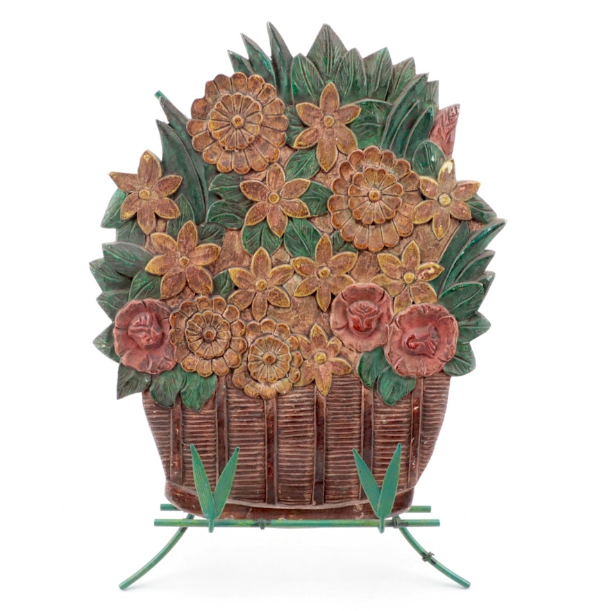 Philippine Carved and Polychromed Basket of Flowers on Bamboo-Form Easel