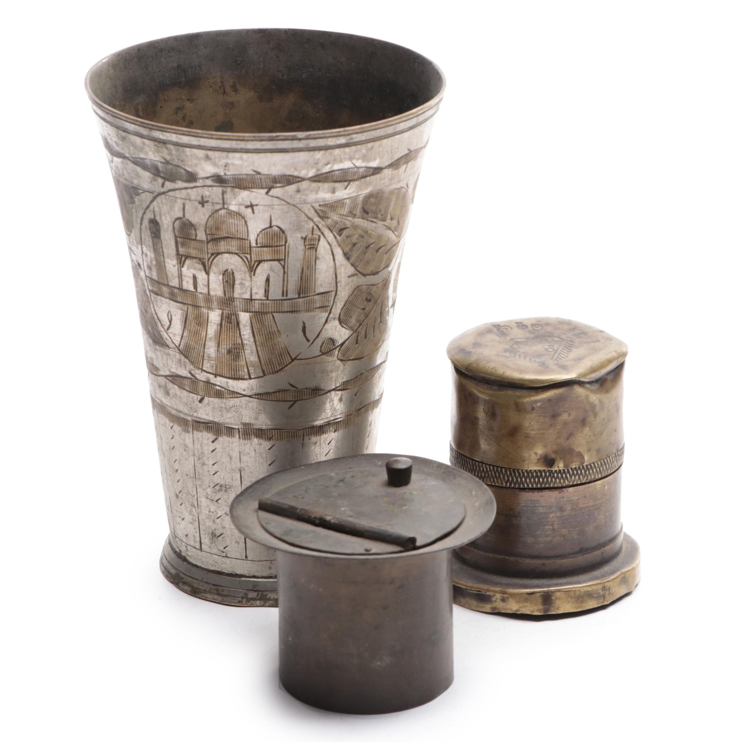 Indian Engraved Silver Plate Brass Cup with Top Hat Inkwell and Table Lighter