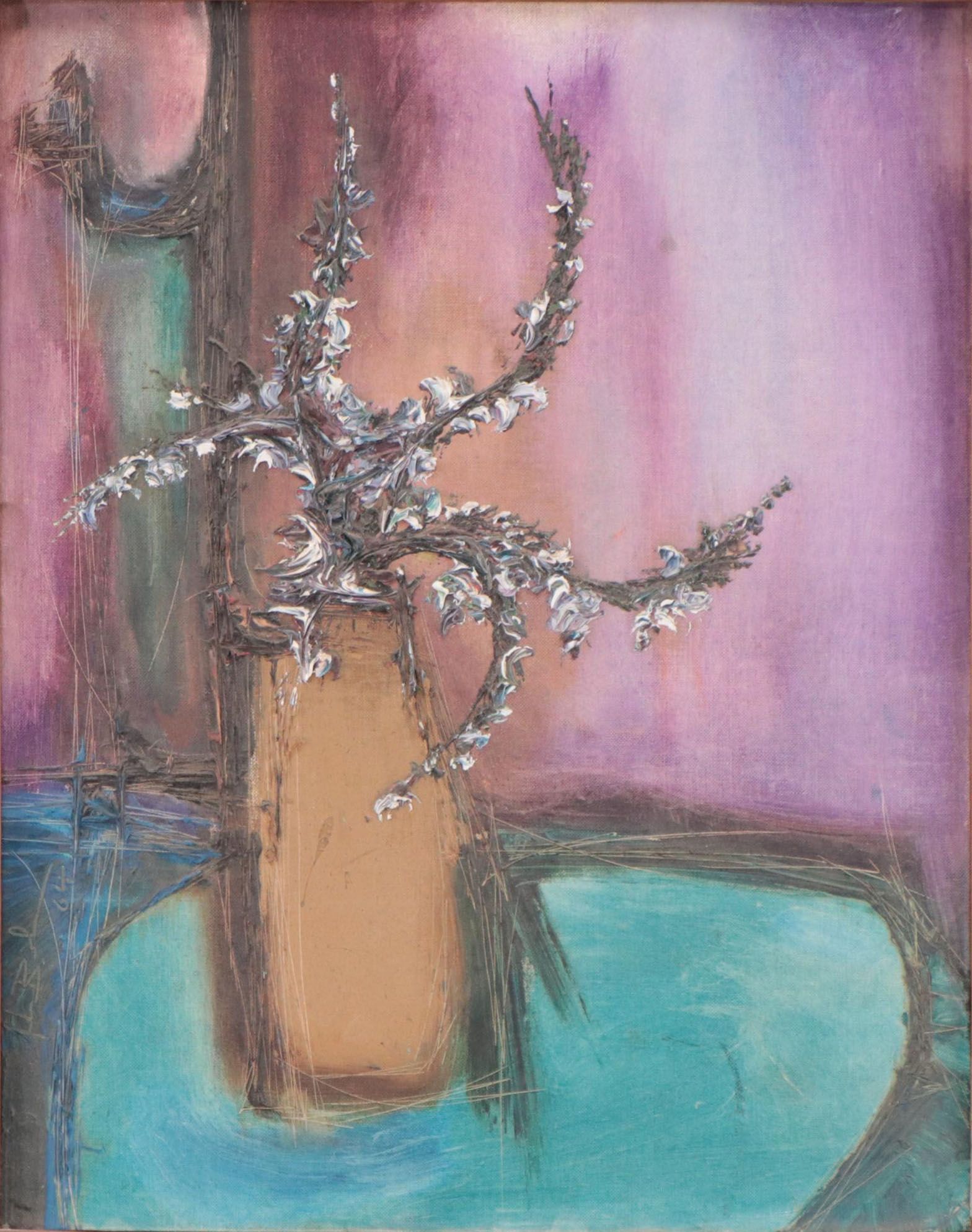 Modernist Still Life Oil Painting of Flowers in Vase, 1964