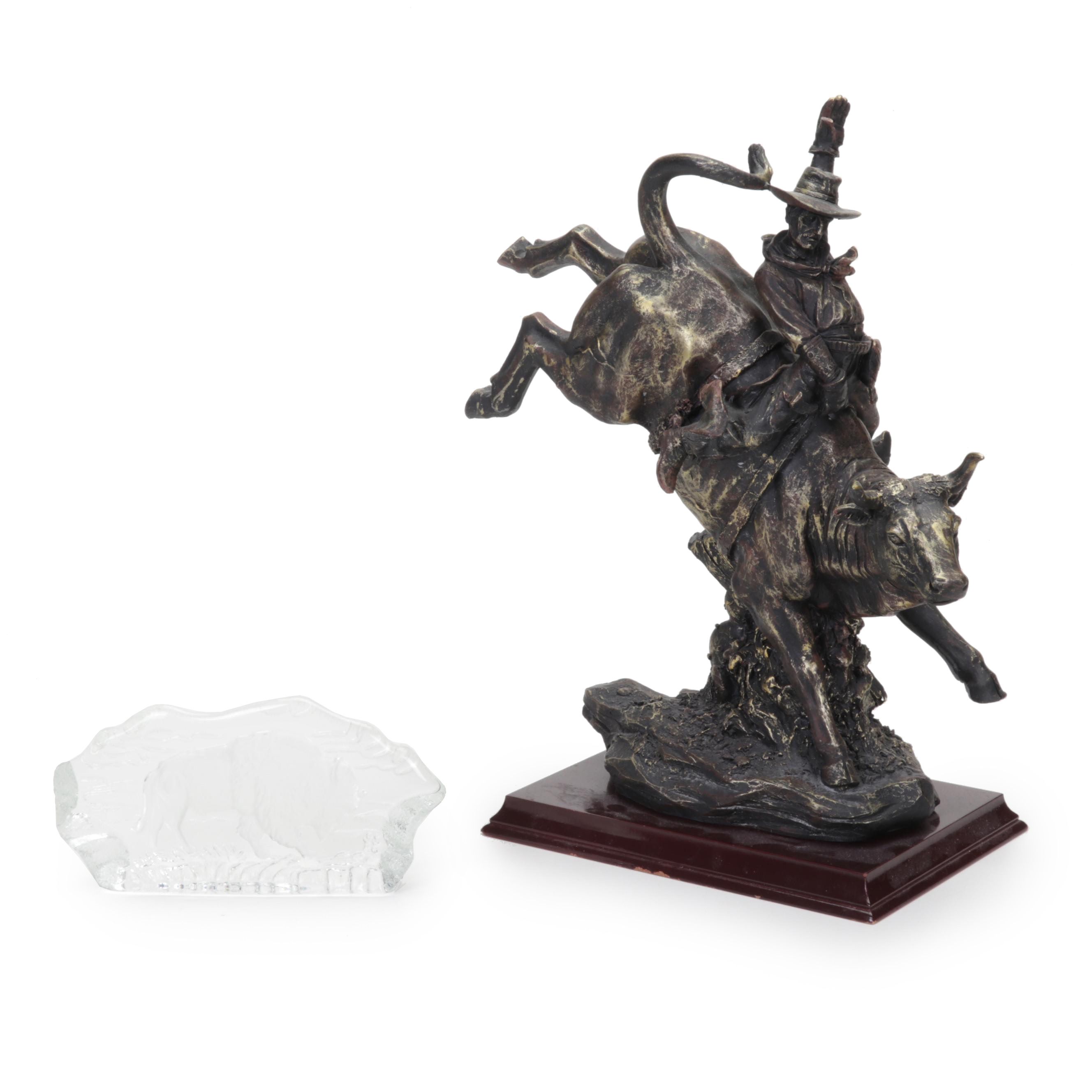 Western Rodeo Bull Rider Cowboy Figurine and Glass Buffalo Paperweight