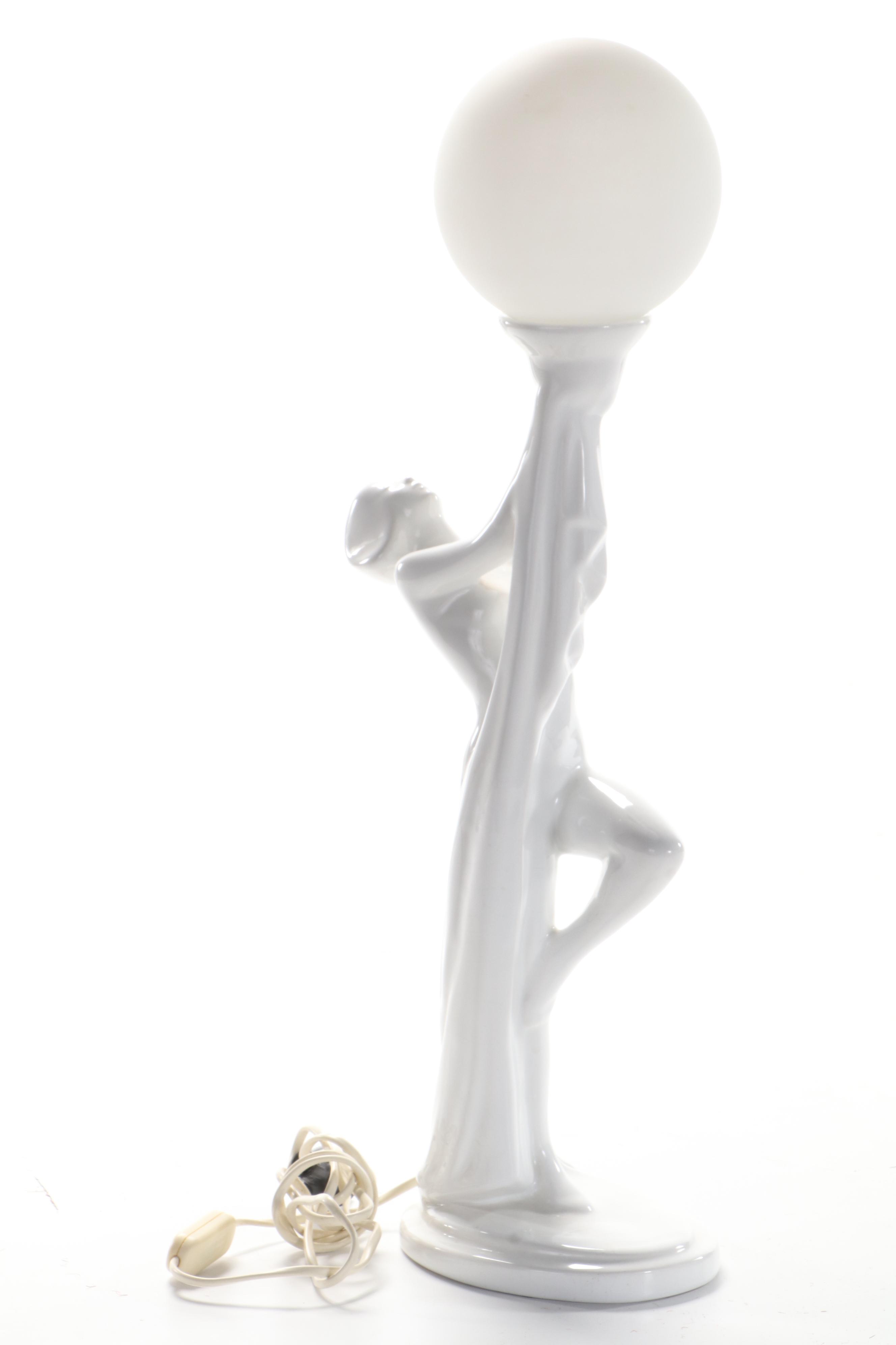 British Home Stores Art Deco Style Ceramic Lady Holding Orb Table Lamp