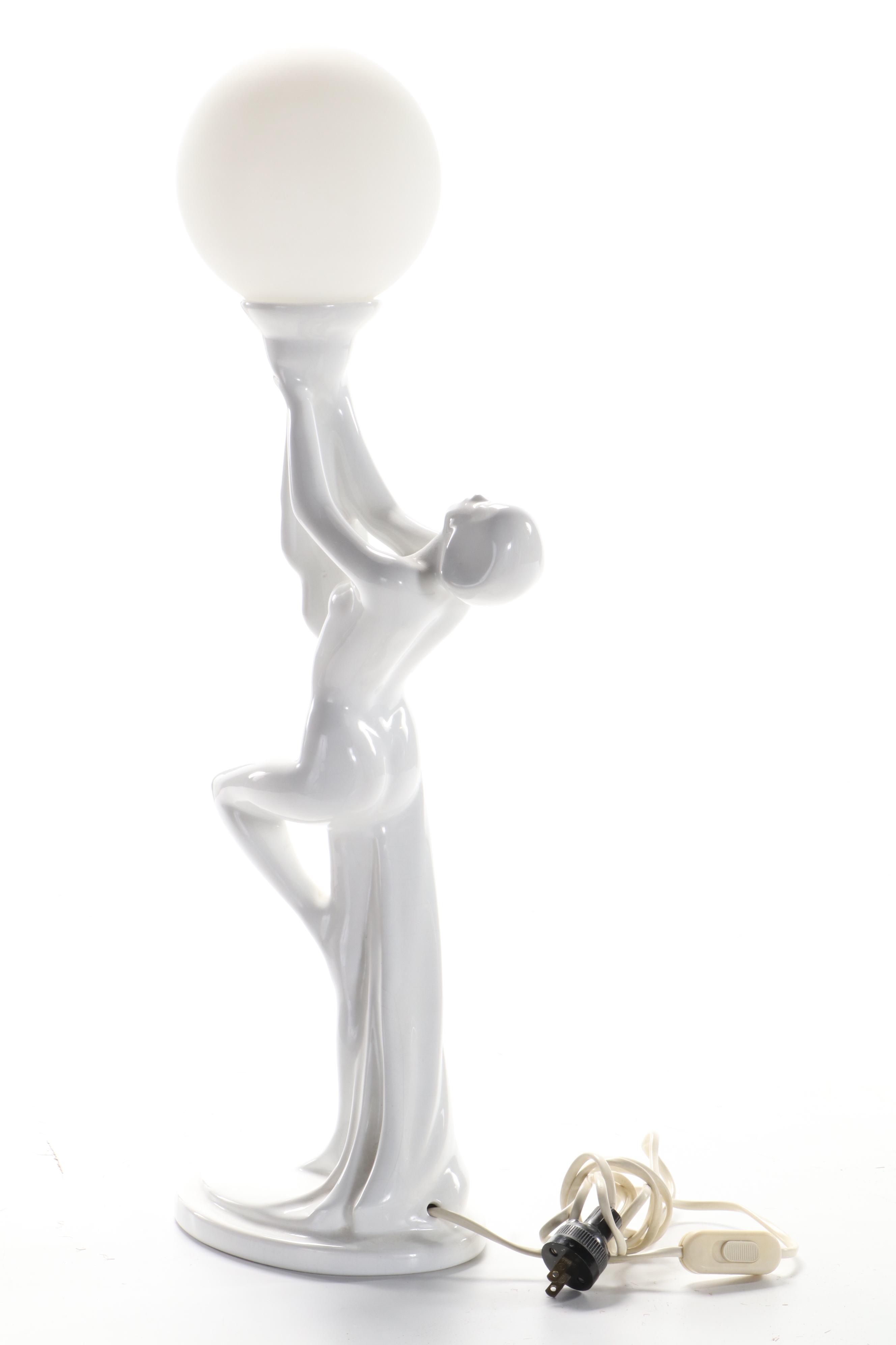 British Home Stores Art Deco Style Ceramic Lady Holding Orb Table Lamp