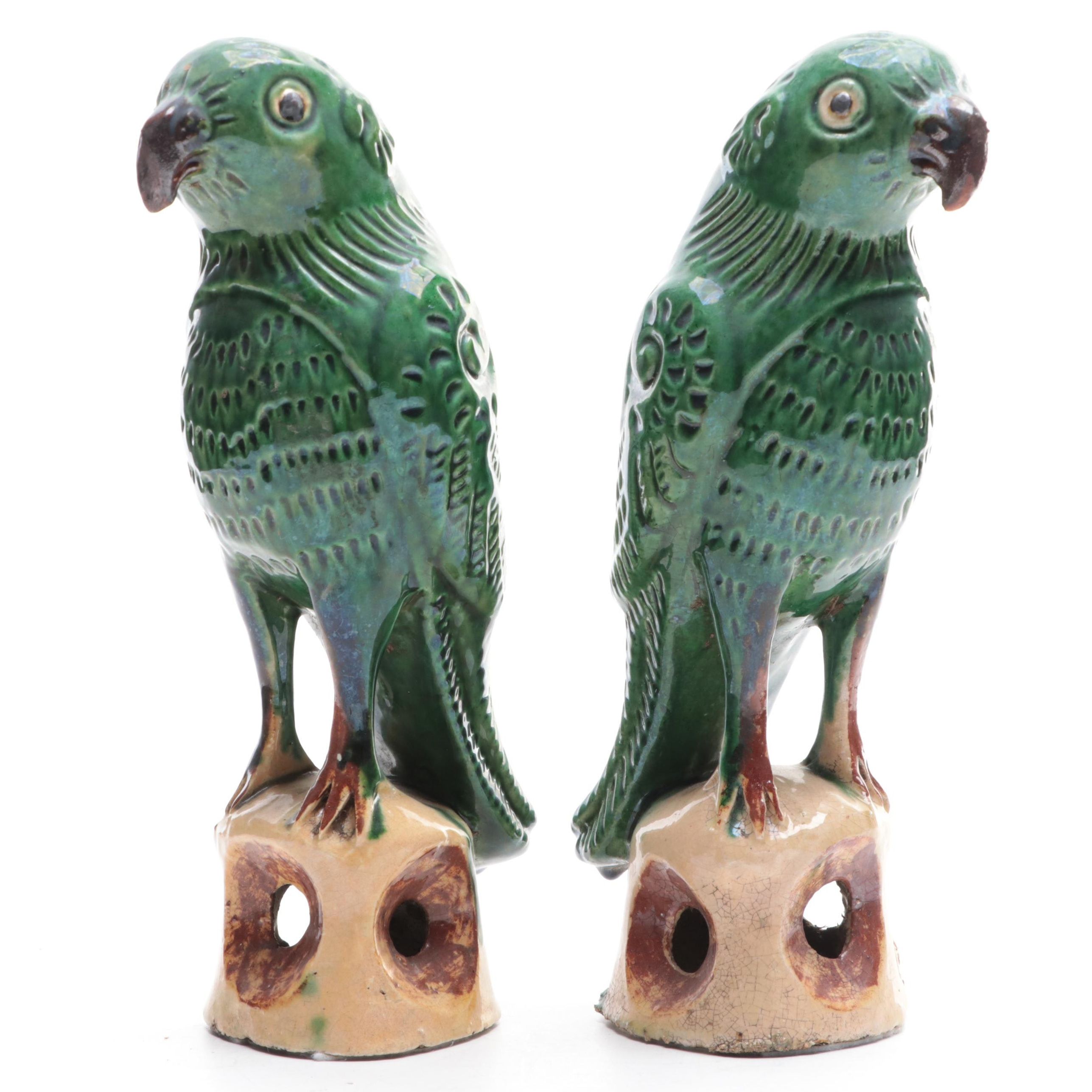 Pair of Chinese Export Earthenware Green Glazed Parrot Figurines