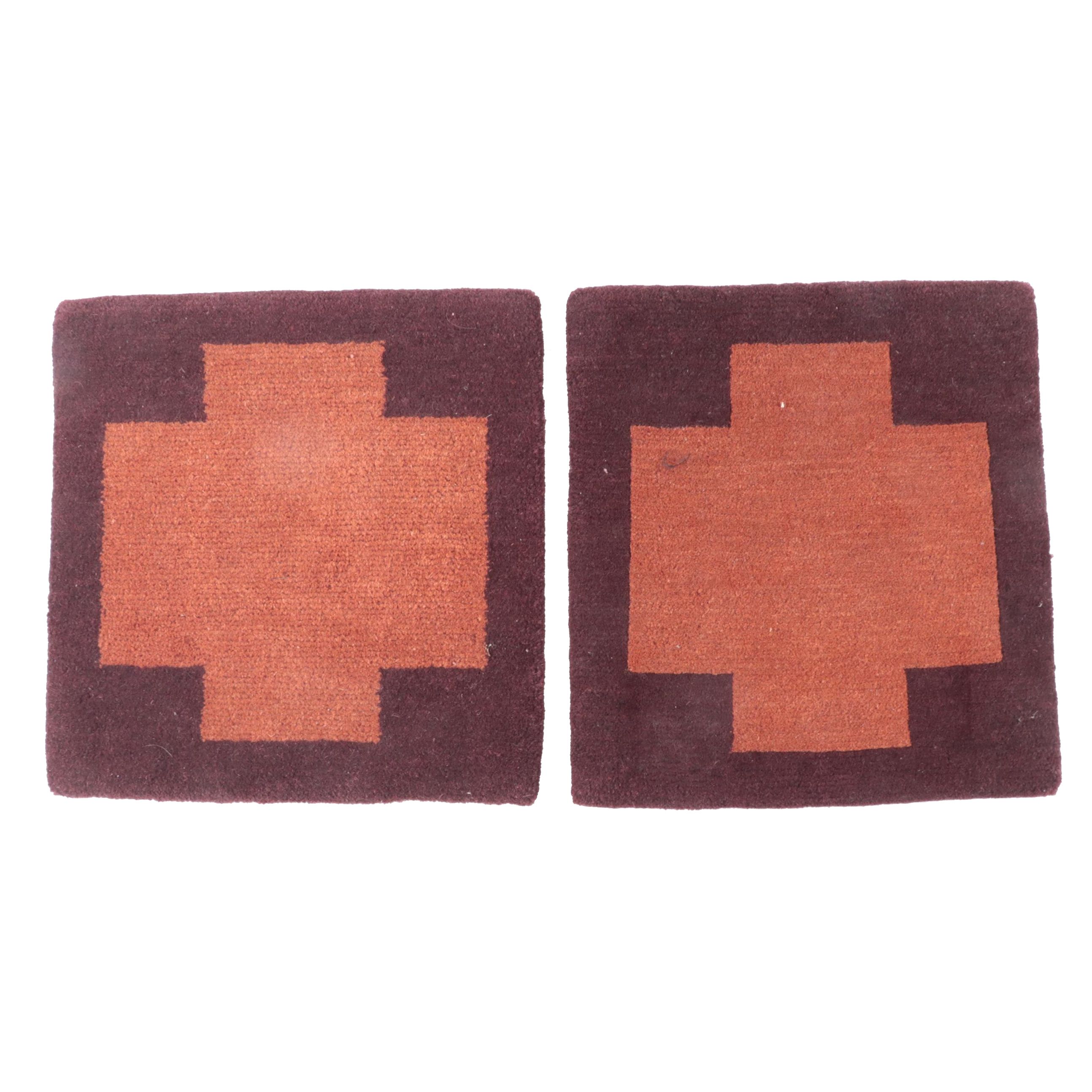 Two 1' x 1' Hand-Knotted Red Thread Nepalese Floor Mats with Cross