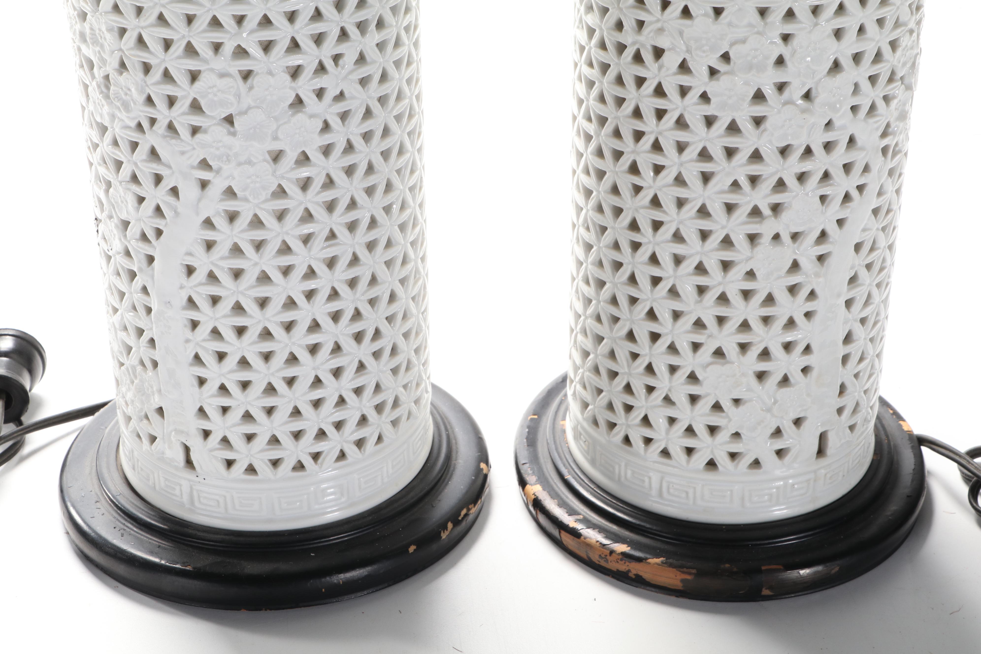 Pair of Blanc de Chine Pierced Porcelain Table Lamps