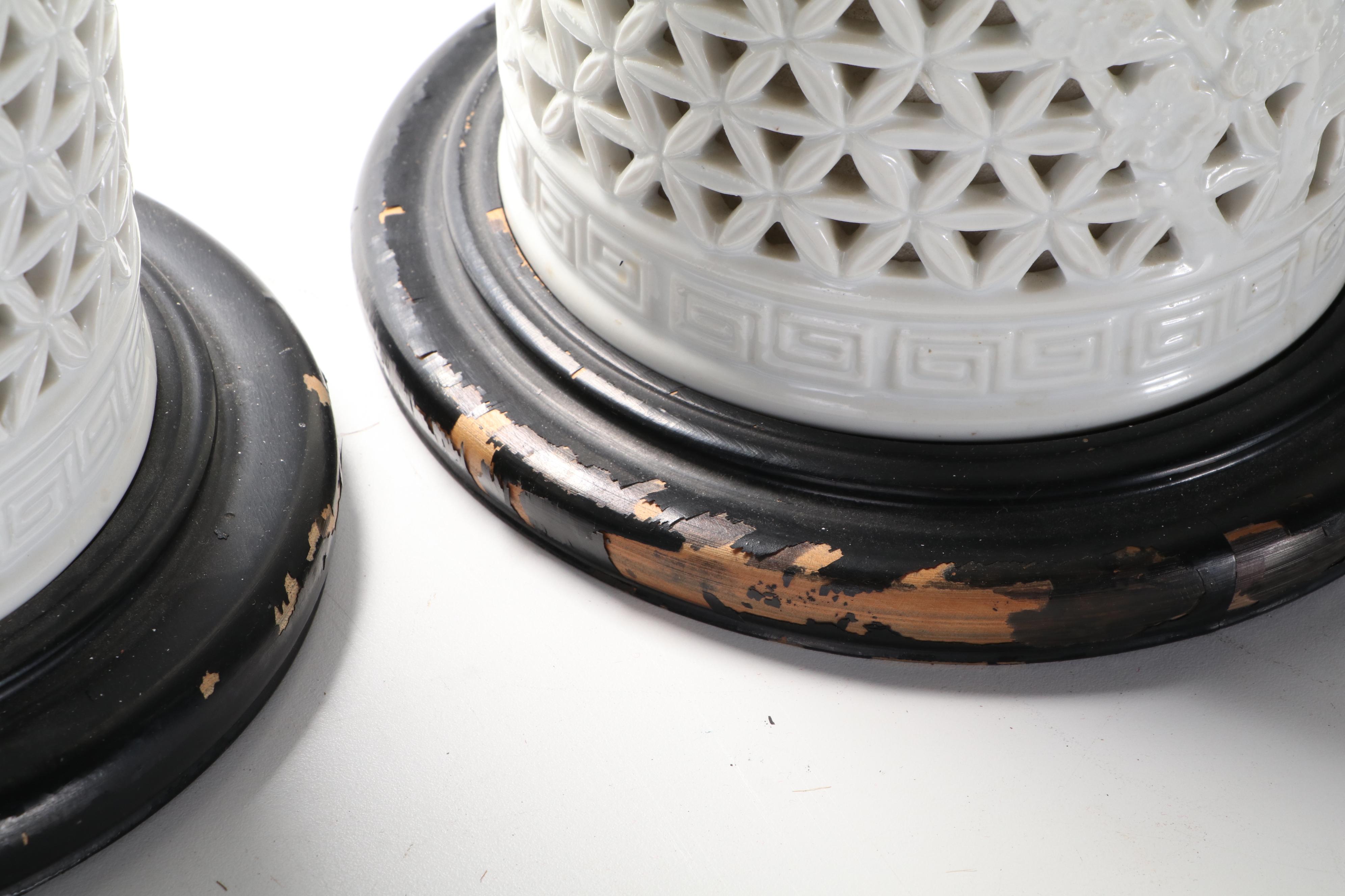 Pair of Blanc de Chine Pierced Porcelain Table Lamps