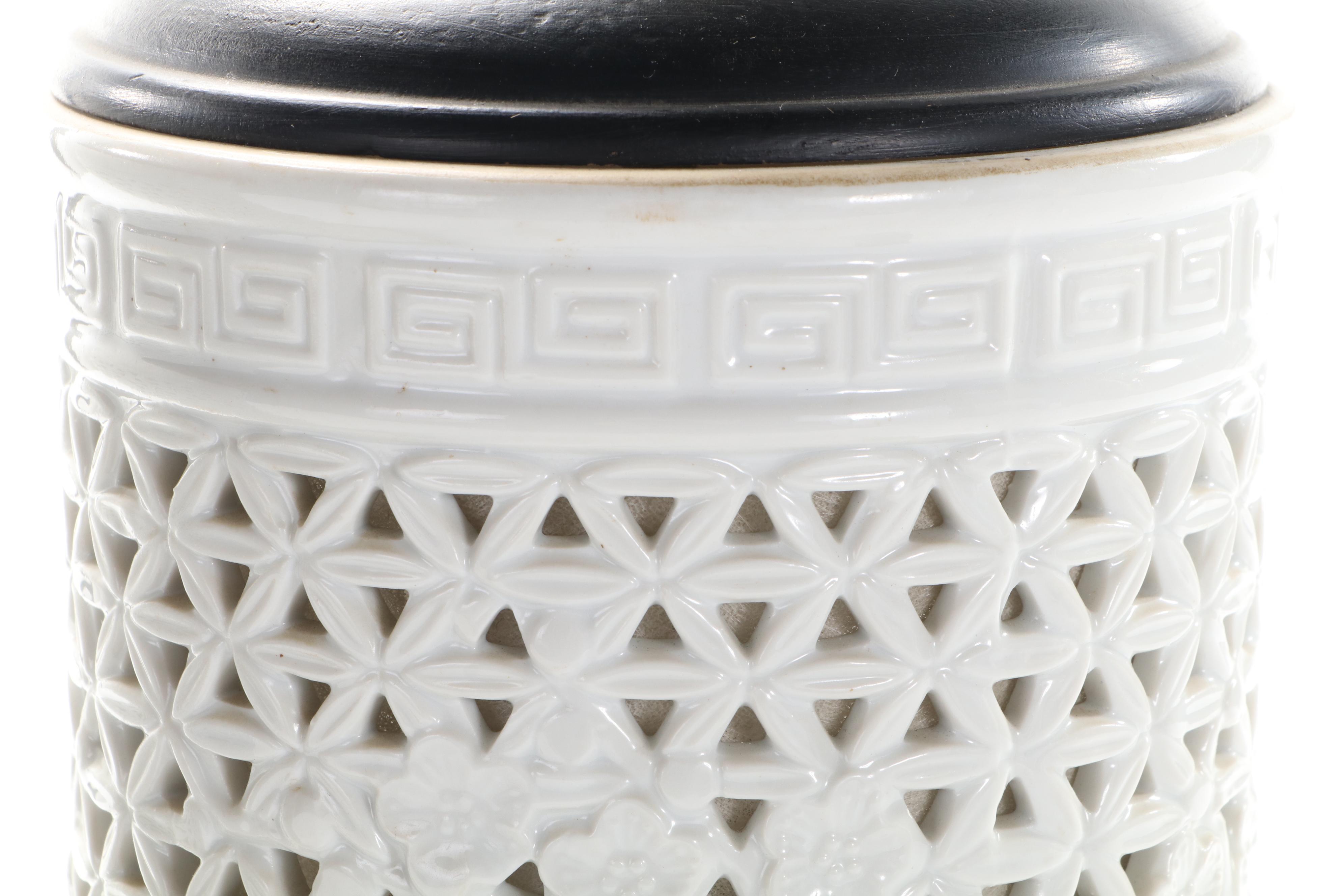 Pair of Blanc de Chine Pierced Porcelain Table Lamps