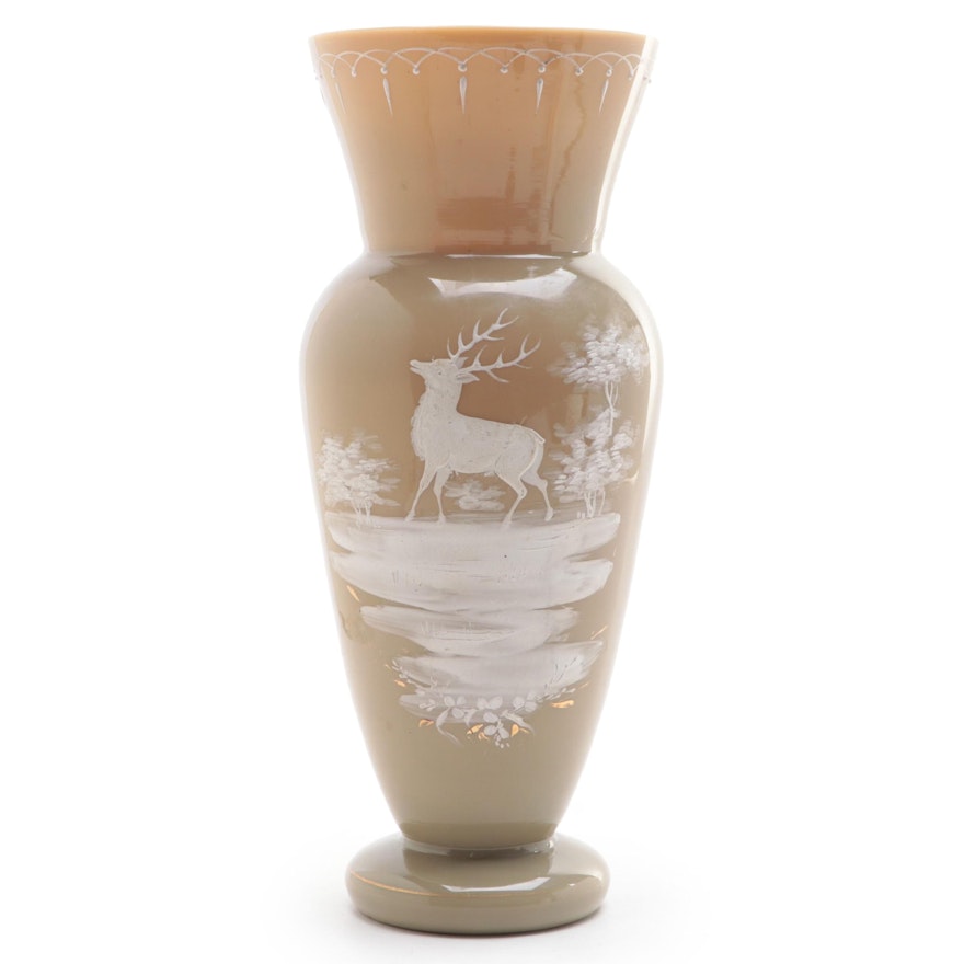 Bohemian Style Enameled Glass Vase with Stag Motif