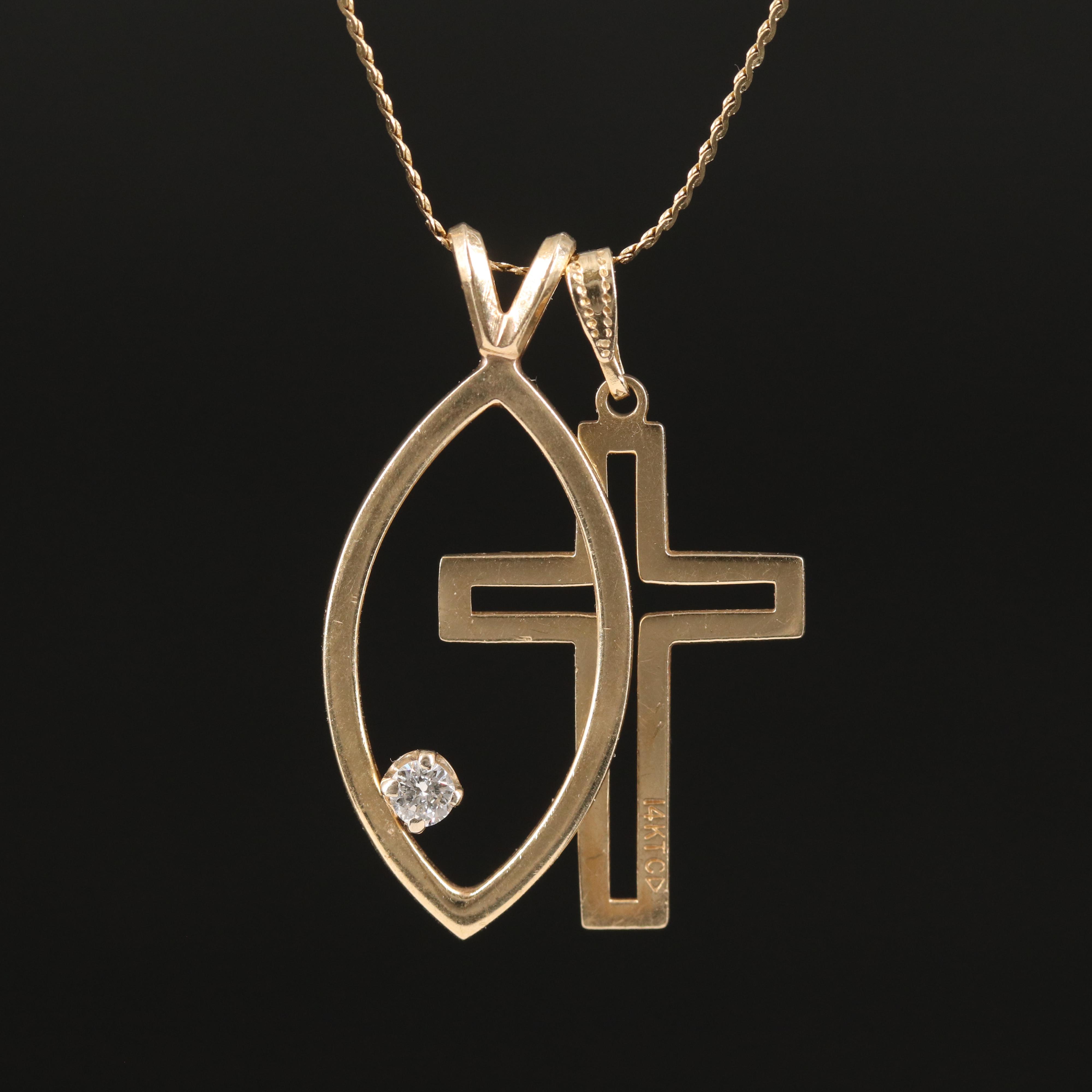 14K Cross and Ichthus Pendant Necklace with 0.06 CT Diamond Accent