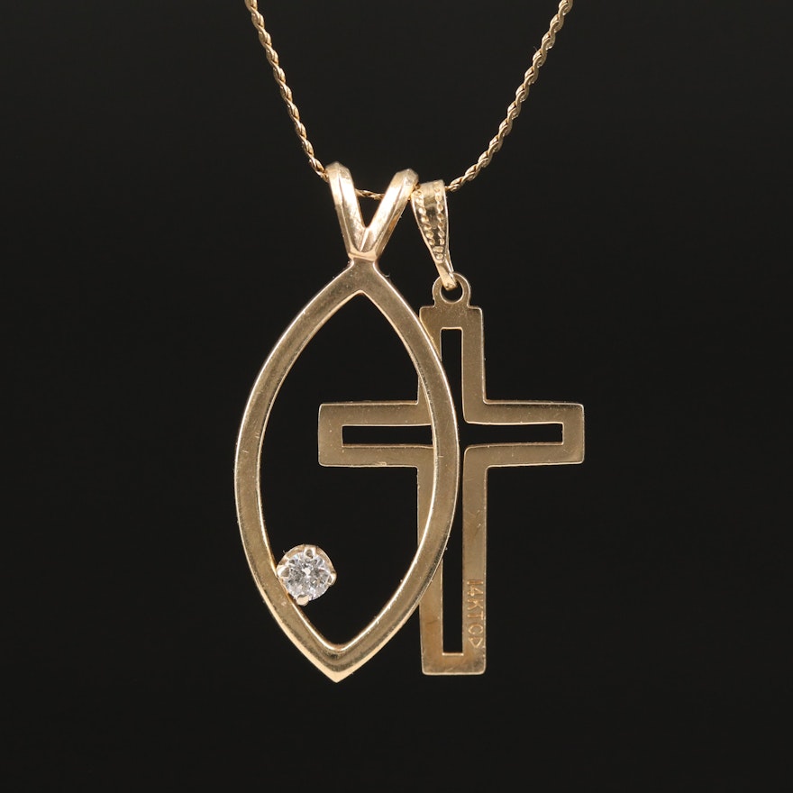 14K Cross and Ichthus Pendant Necklace with 0.06 CT Diamond Accent