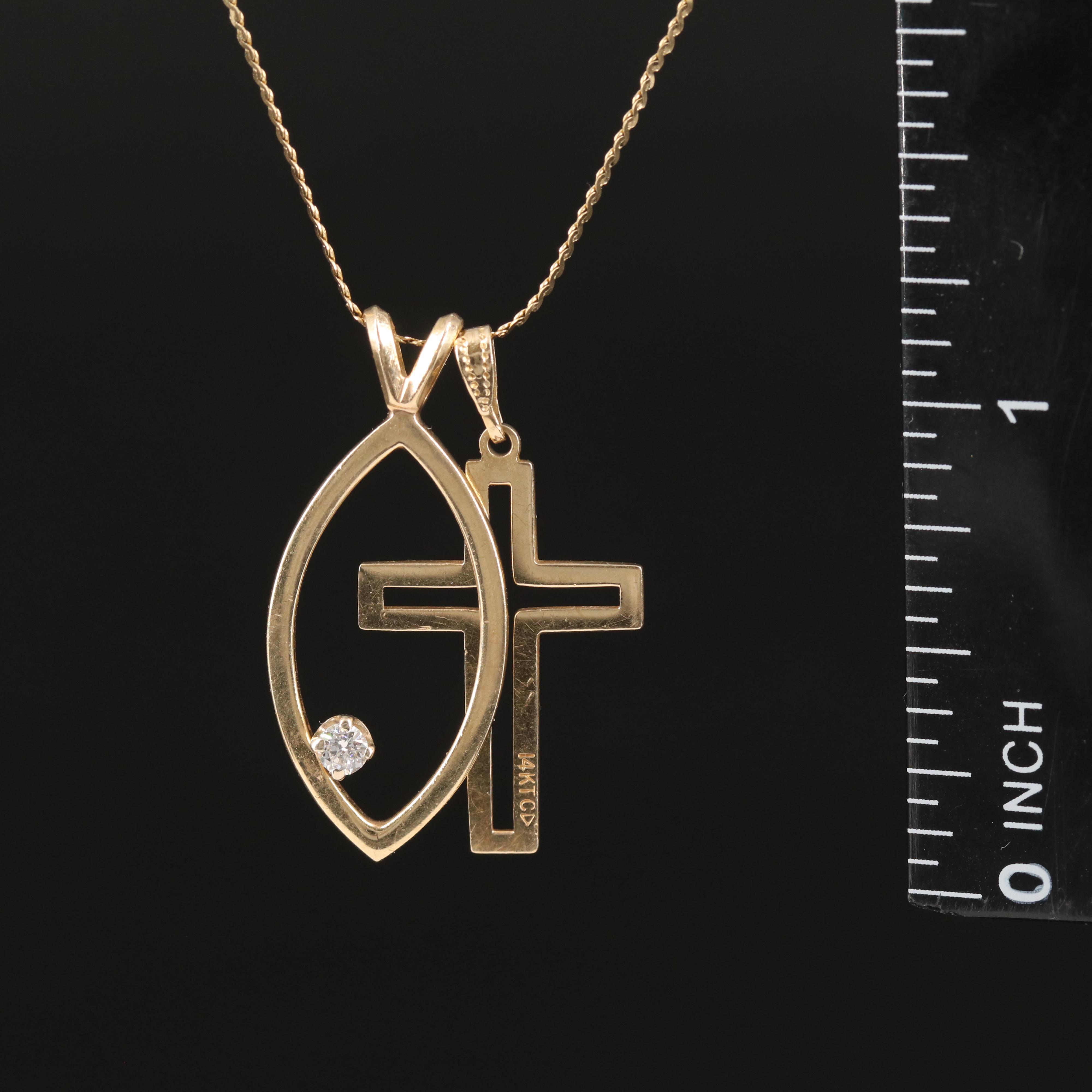 14K Cross and Ichthus Pendant Necklace with 0.06 CT Diamond Accent