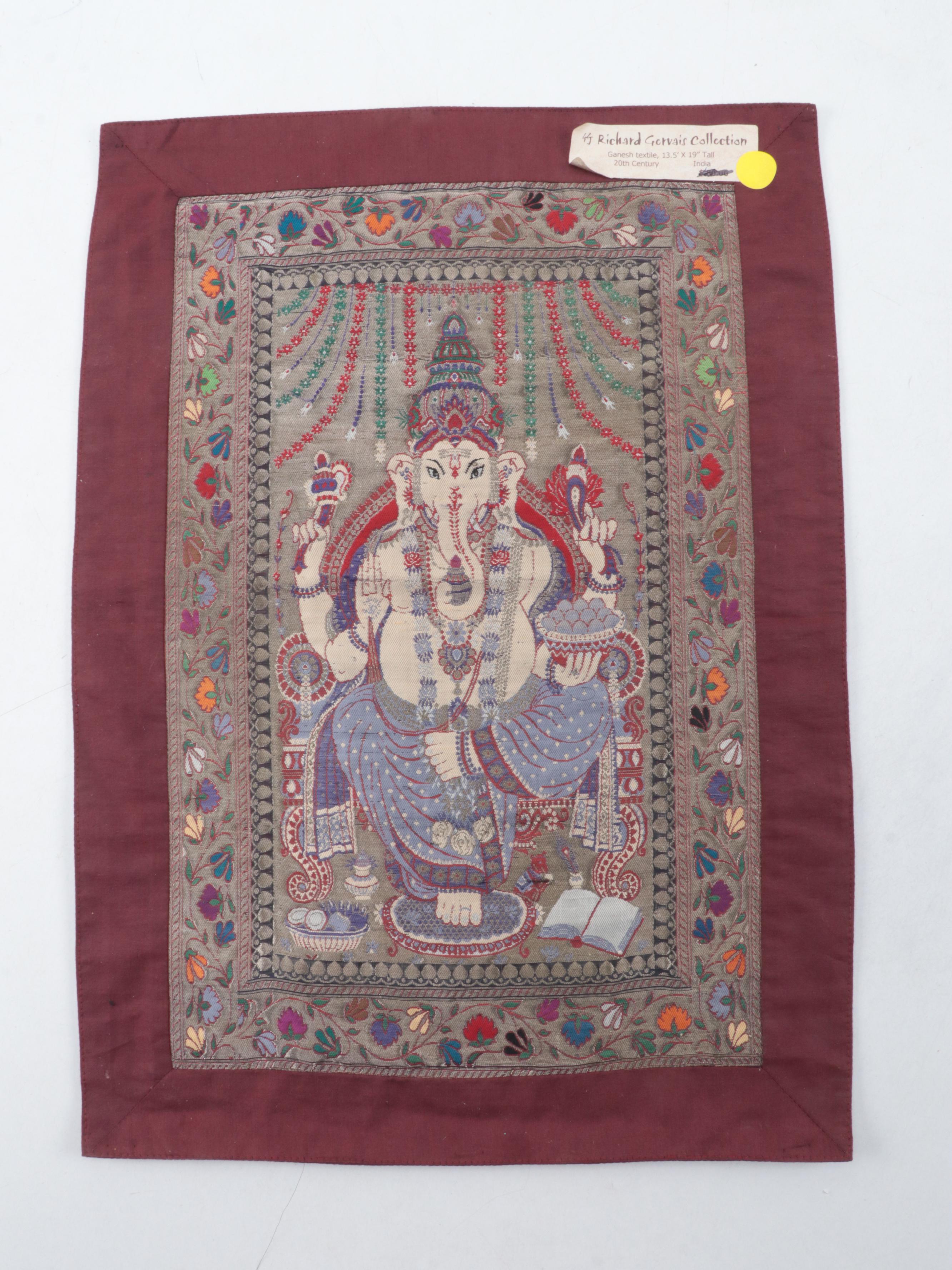 Indian Ganesh Textile Panel and Teak Knee Rests, Japanese Satsuma Wall Pocket