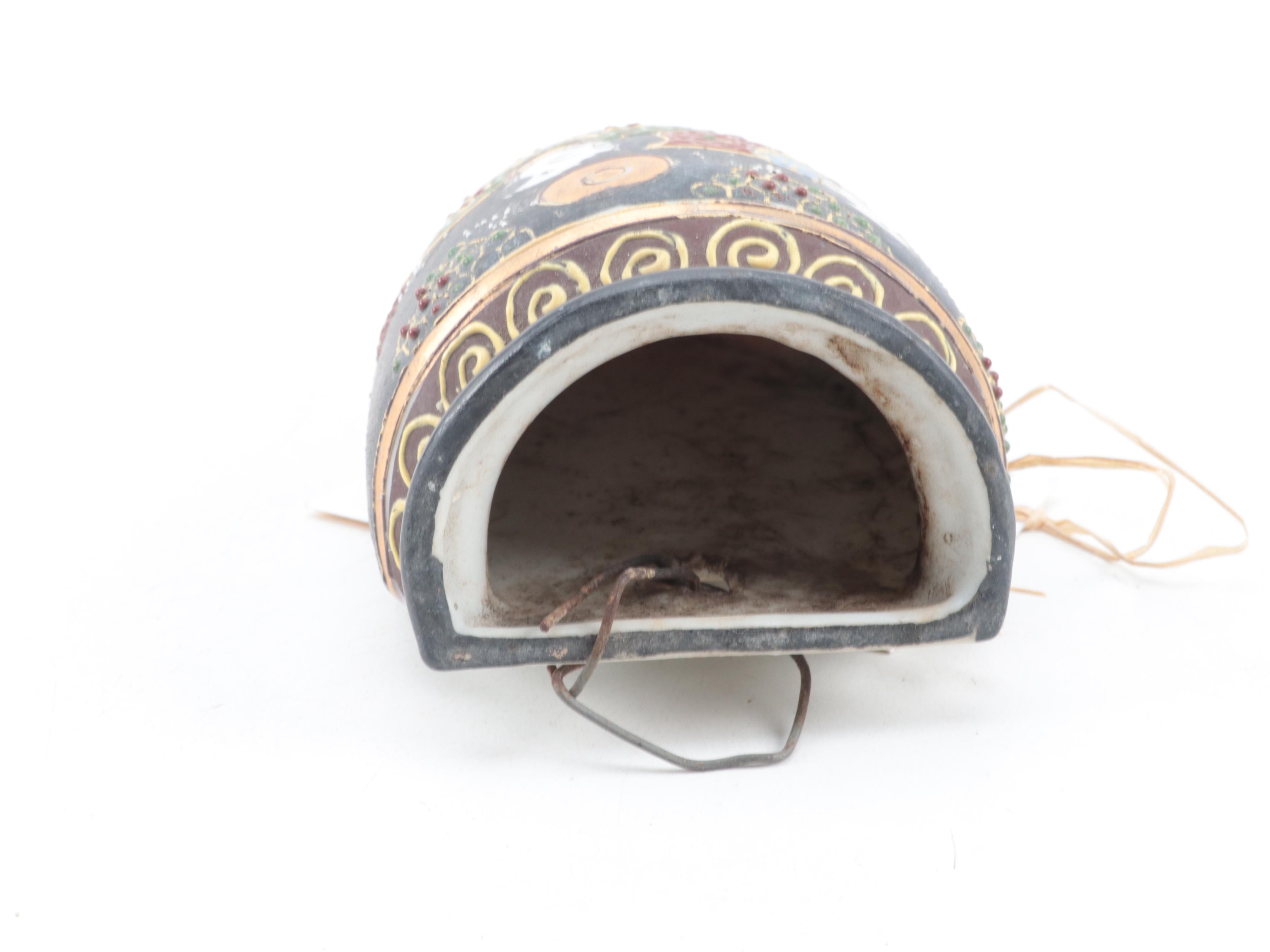 Indian Ganesh Textile Panel and Teak Knee Rests, Japanese Satsuma Wall Pocket