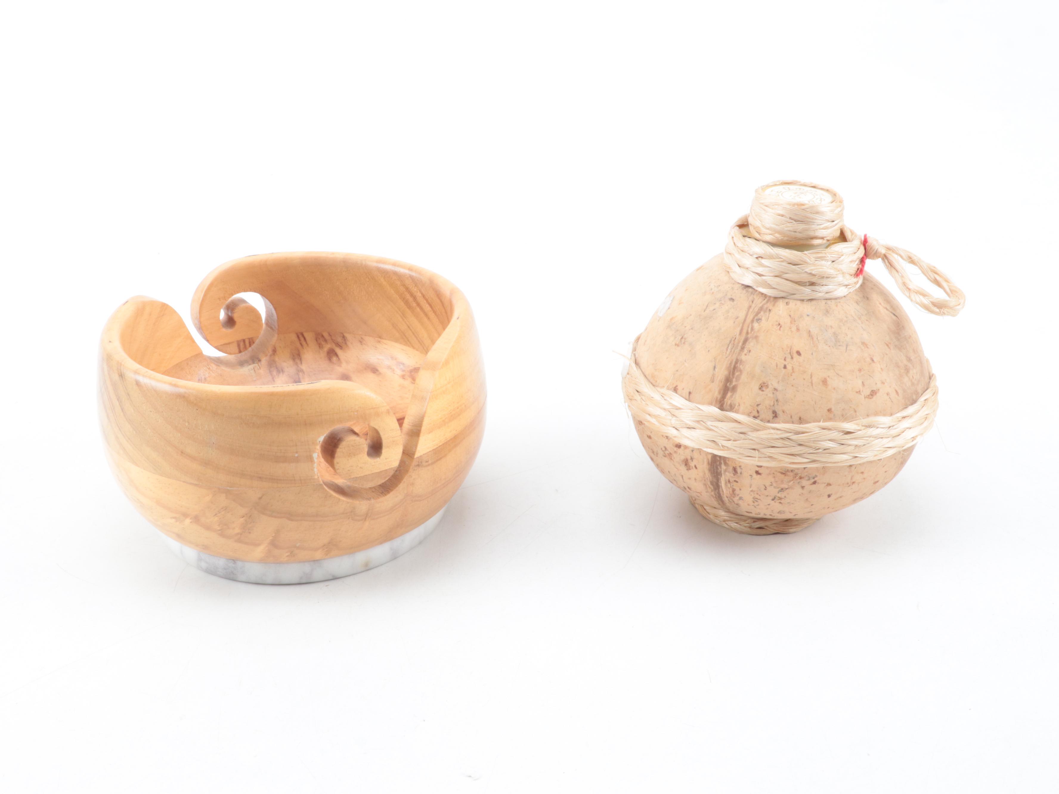 Copper Candle Holder with Decorative Yarn Bowl and Cork Wrapped Plastic Bottle