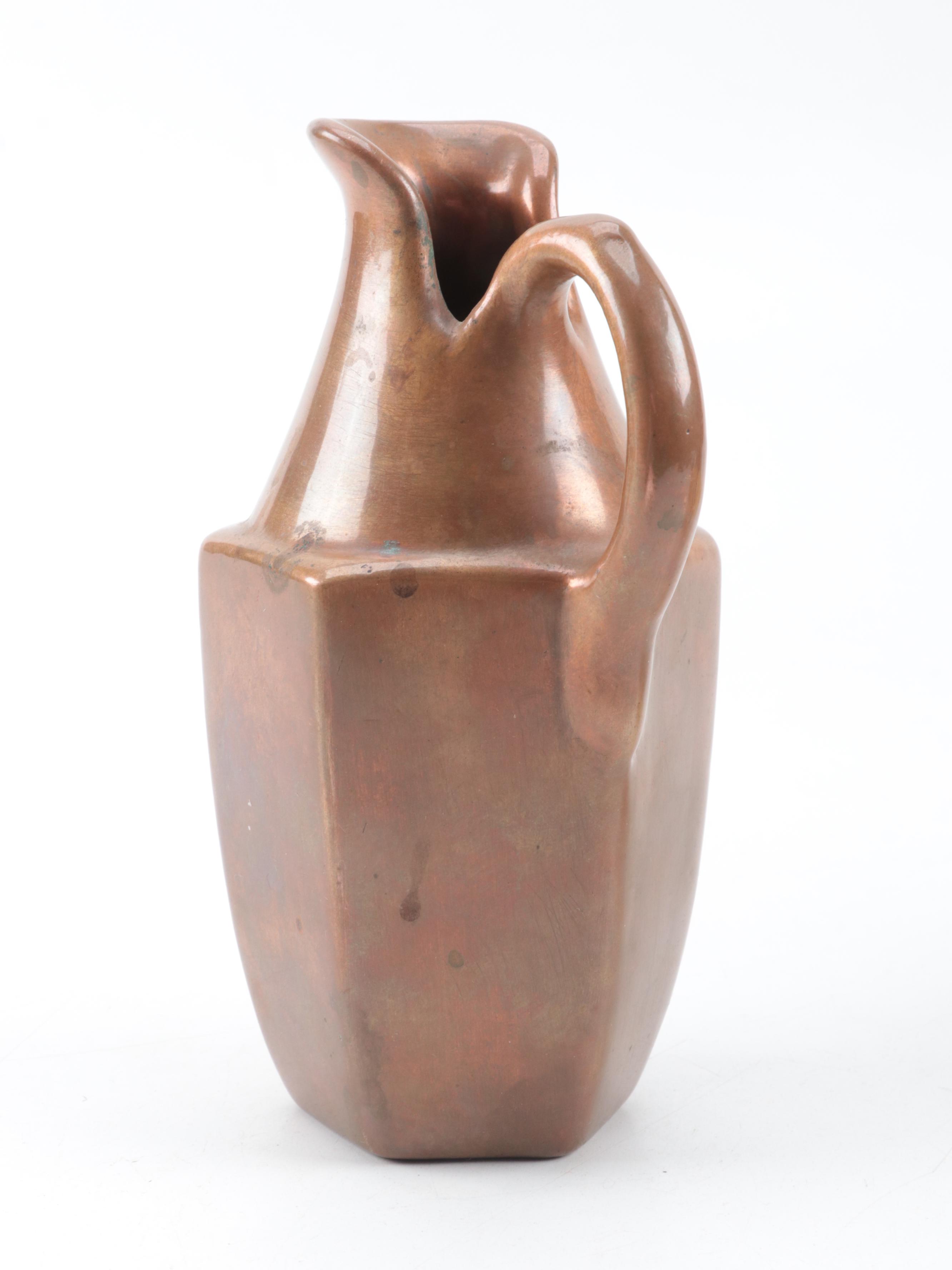 Blue and Yellow Drip Glaze Ceramic Vase with Copper Clad Pitcher