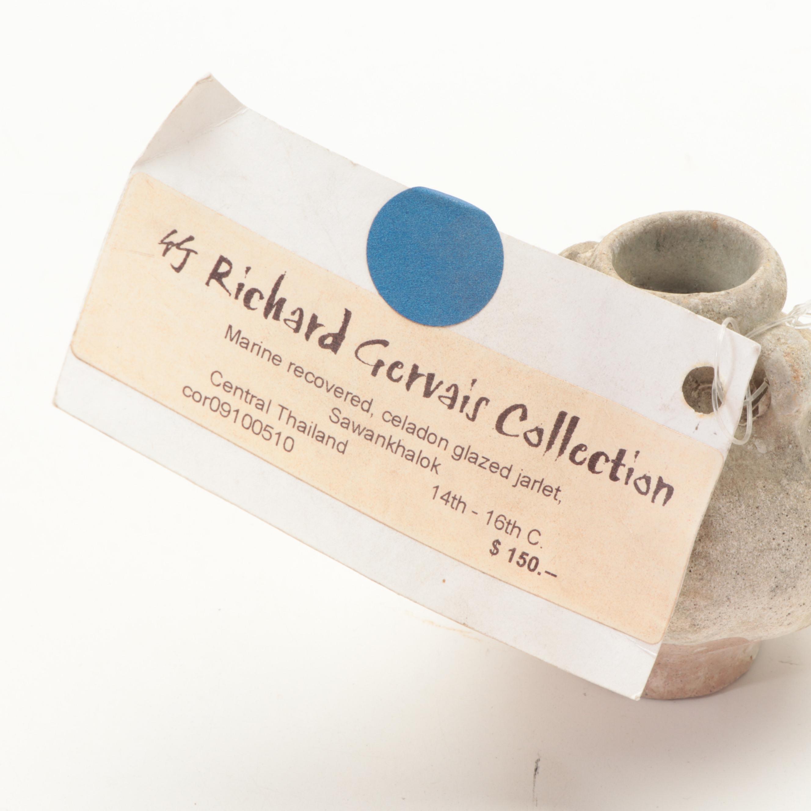 Pair of Marine Recovered Thai Sawankhalok Celadon Glaze Ceramic Jarlets, Antique