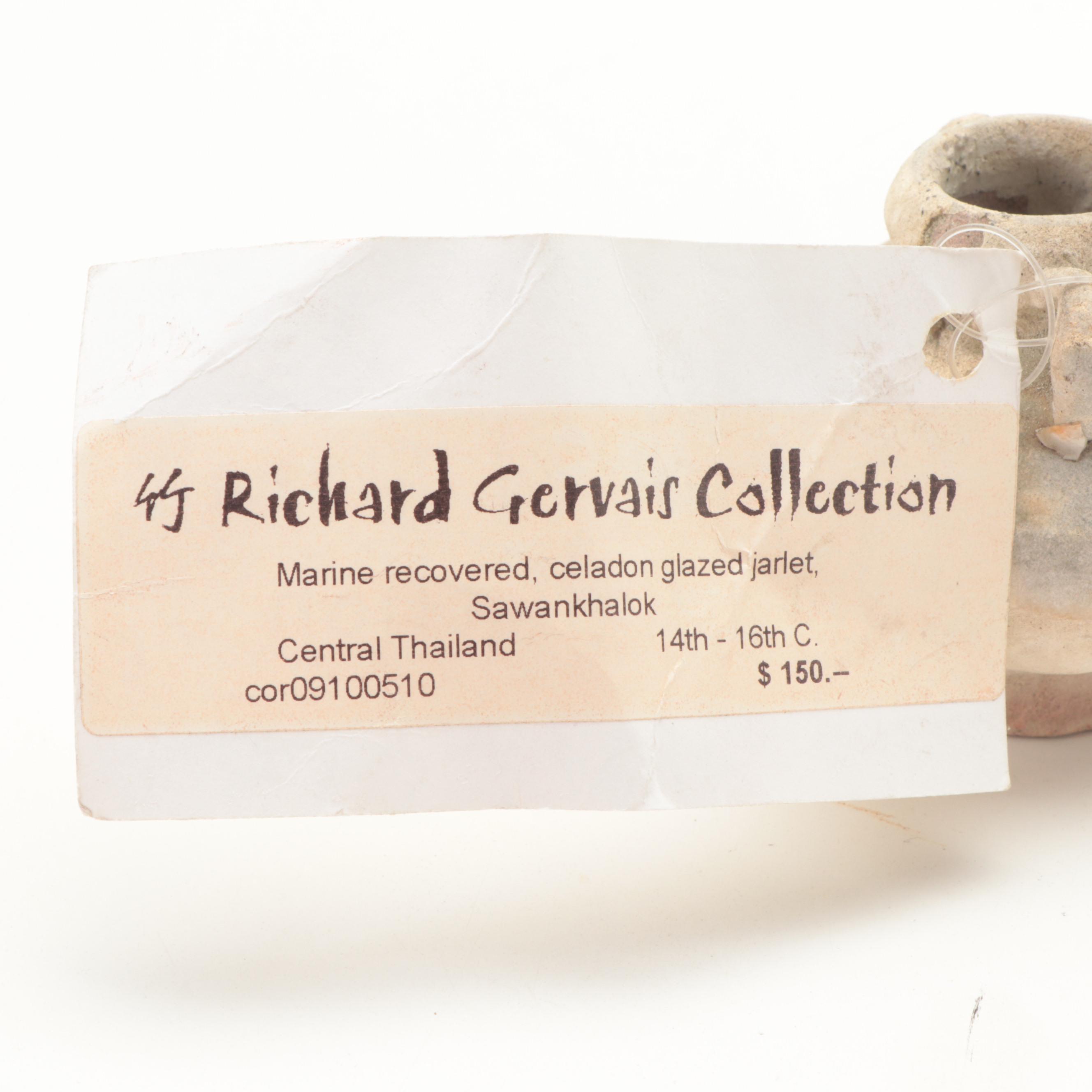 Pair of Marine Recovered Thai Sawankhalok Celadon Glaze Ceramic Jarlets, Antique