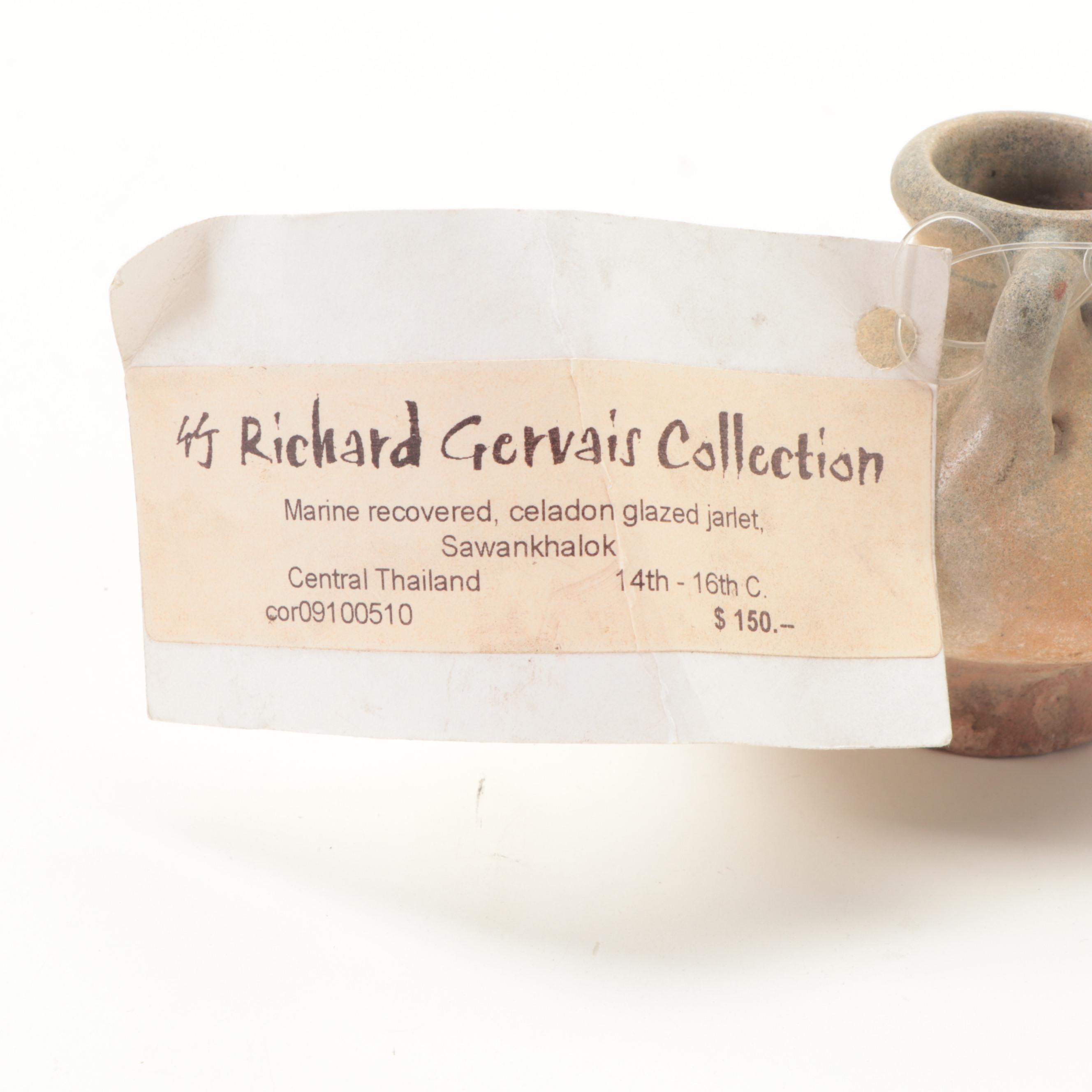 Pair of Marine Recovered Thai Sawankhalok Celadon Glaze Ceramic Jarlets, Antique