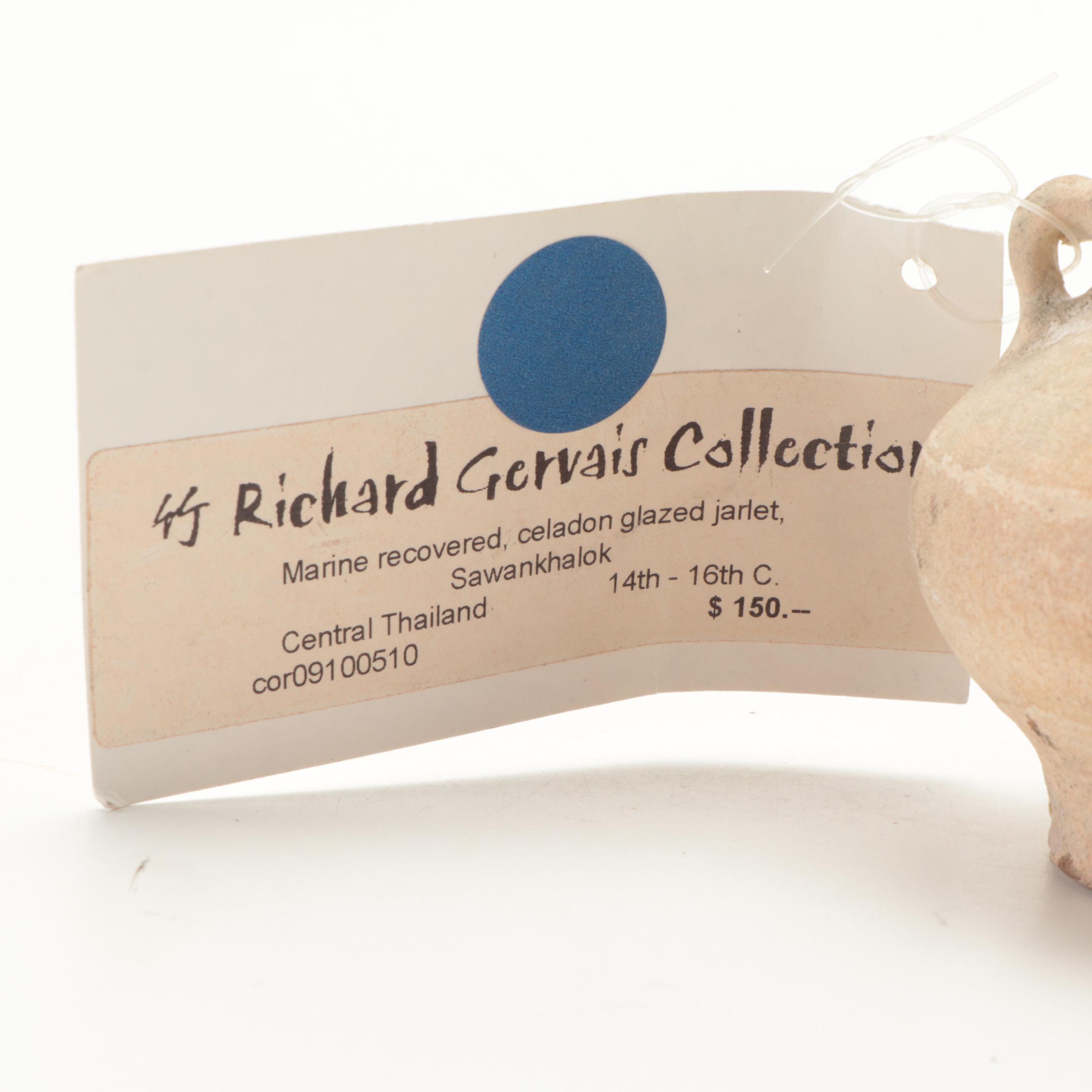 Pair of Marine Recovered Thai Sawankhalok Celadon Glaze Ceramic Jarlets, Antique