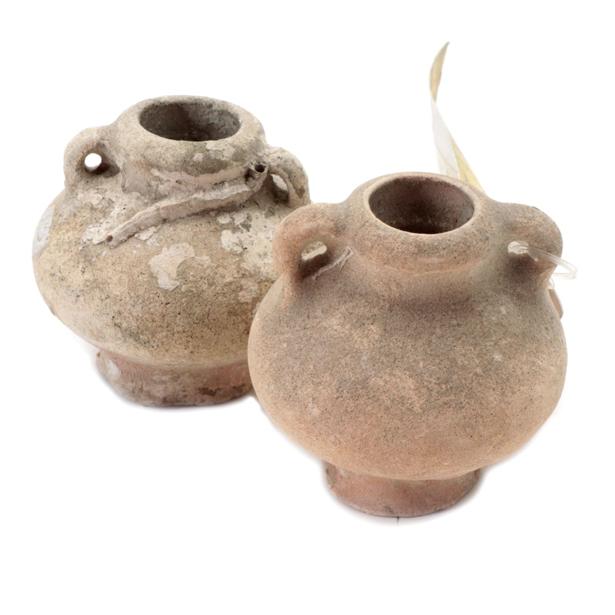 Pair of Marine Recovered Thai Sawankhalok Celadon Glaze Ceramic Jarlets, Antique