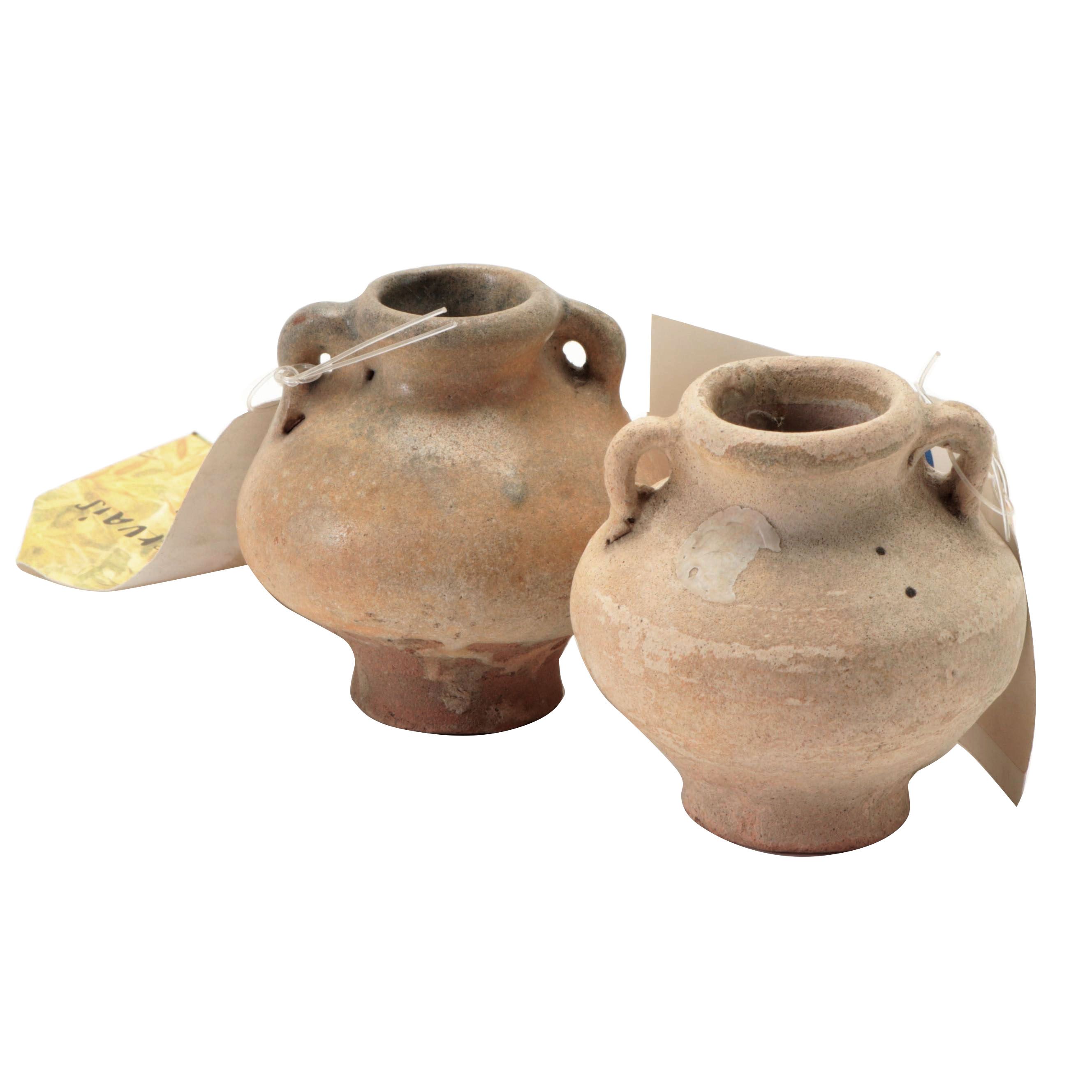 Pair of Marine Recovered Thai Sawankhalok Celadon Glaze Ceramic Jarlets, Antique