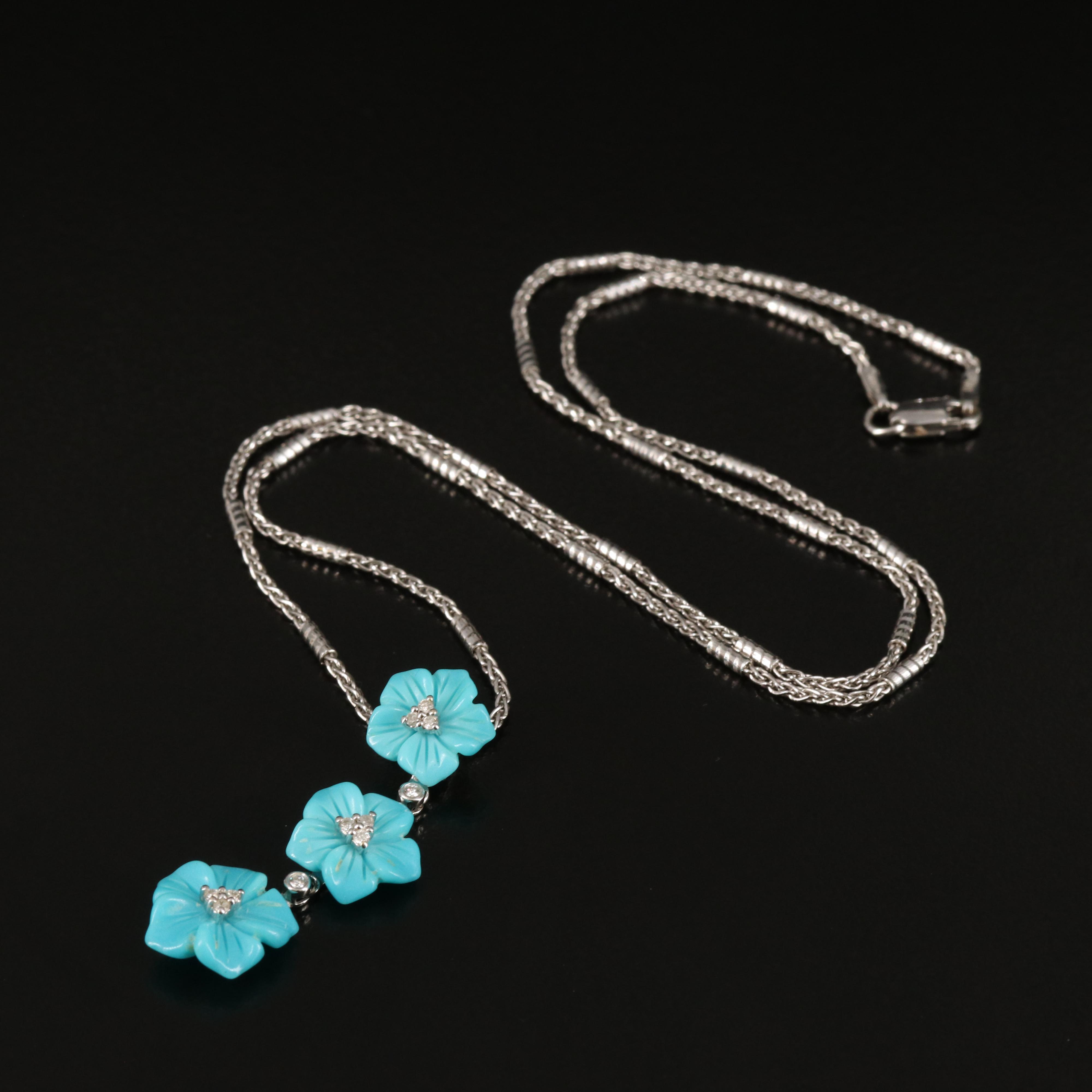 14K Turquoise and Diamond Flower Necklace