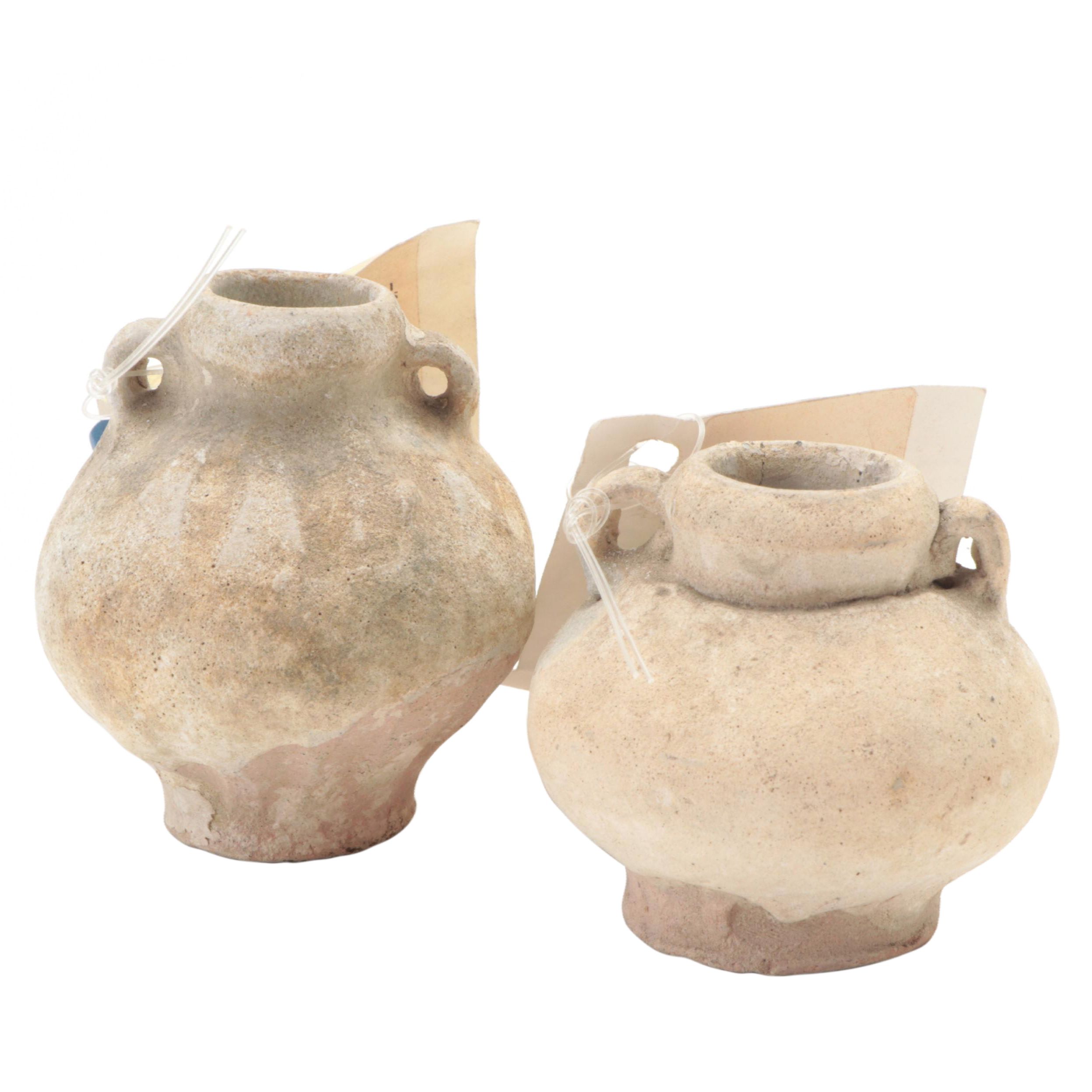 Pair of Marine Recovered Thai Sawankhalok Celadon Glaze Ceramic Jarlets, Antique