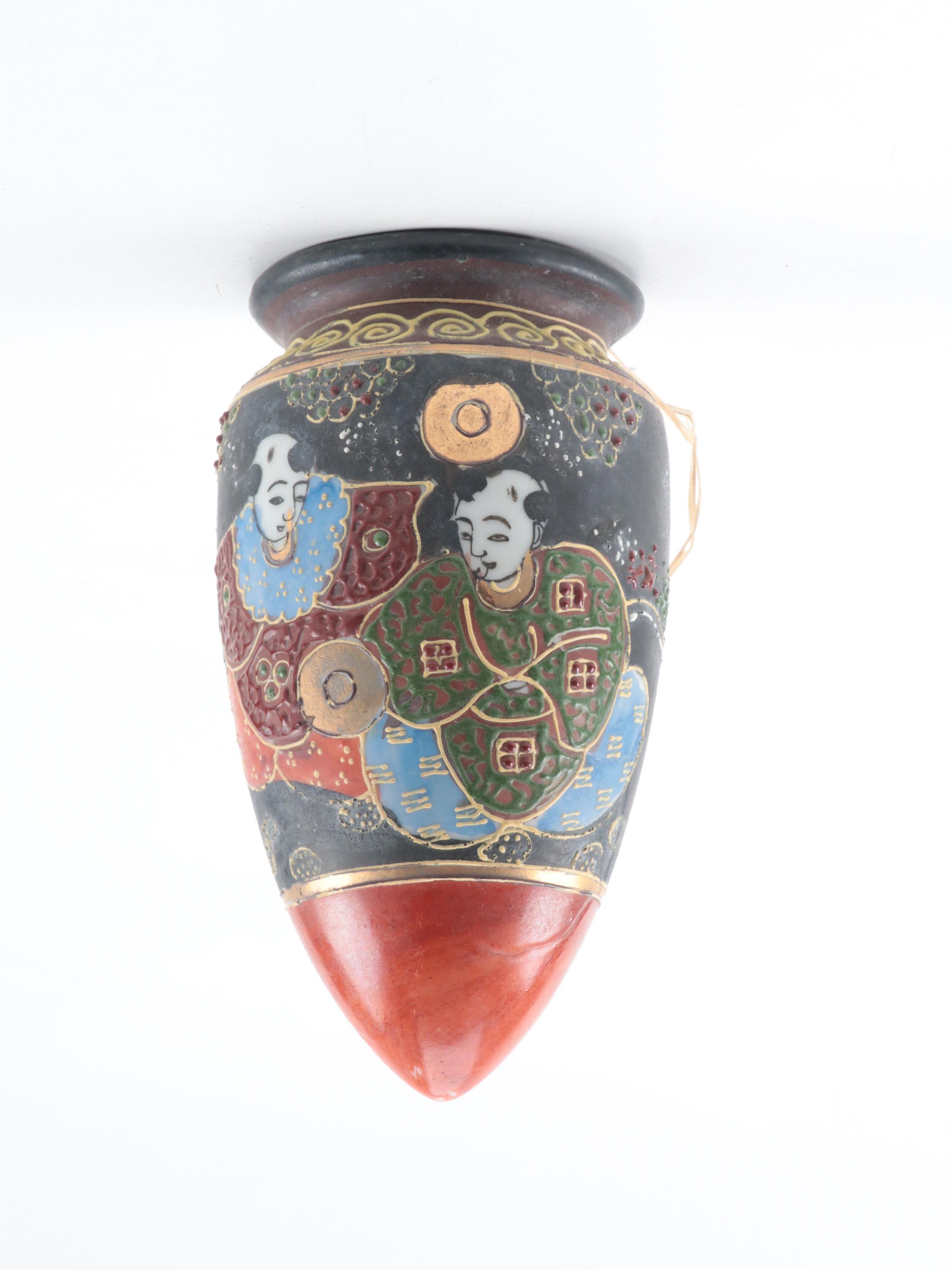 Indian Ganesh Textile Panel and Teak Knee Rests, Japanese Satsuma Wall Pocket