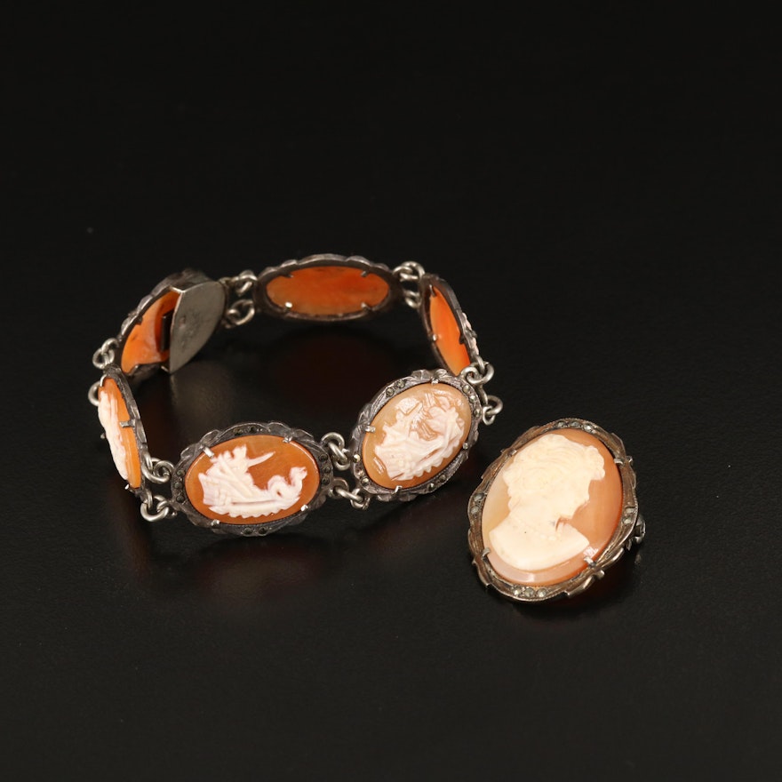 Carved Shell Cameo and Marcasite Converter Brooch and Bracelet in 800 Silver
