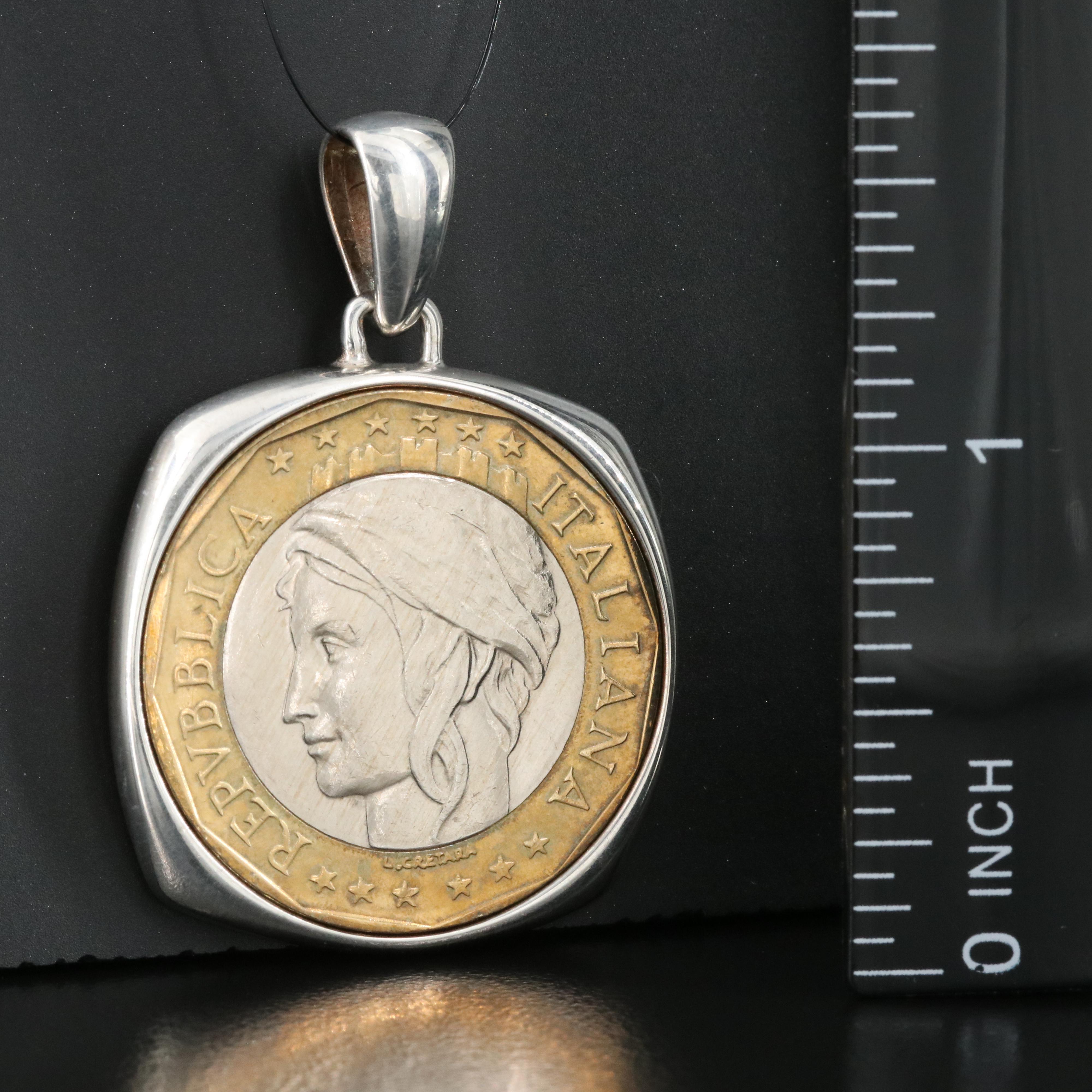 Sterling Pendant with Modern Italian 1000-Lire Coin