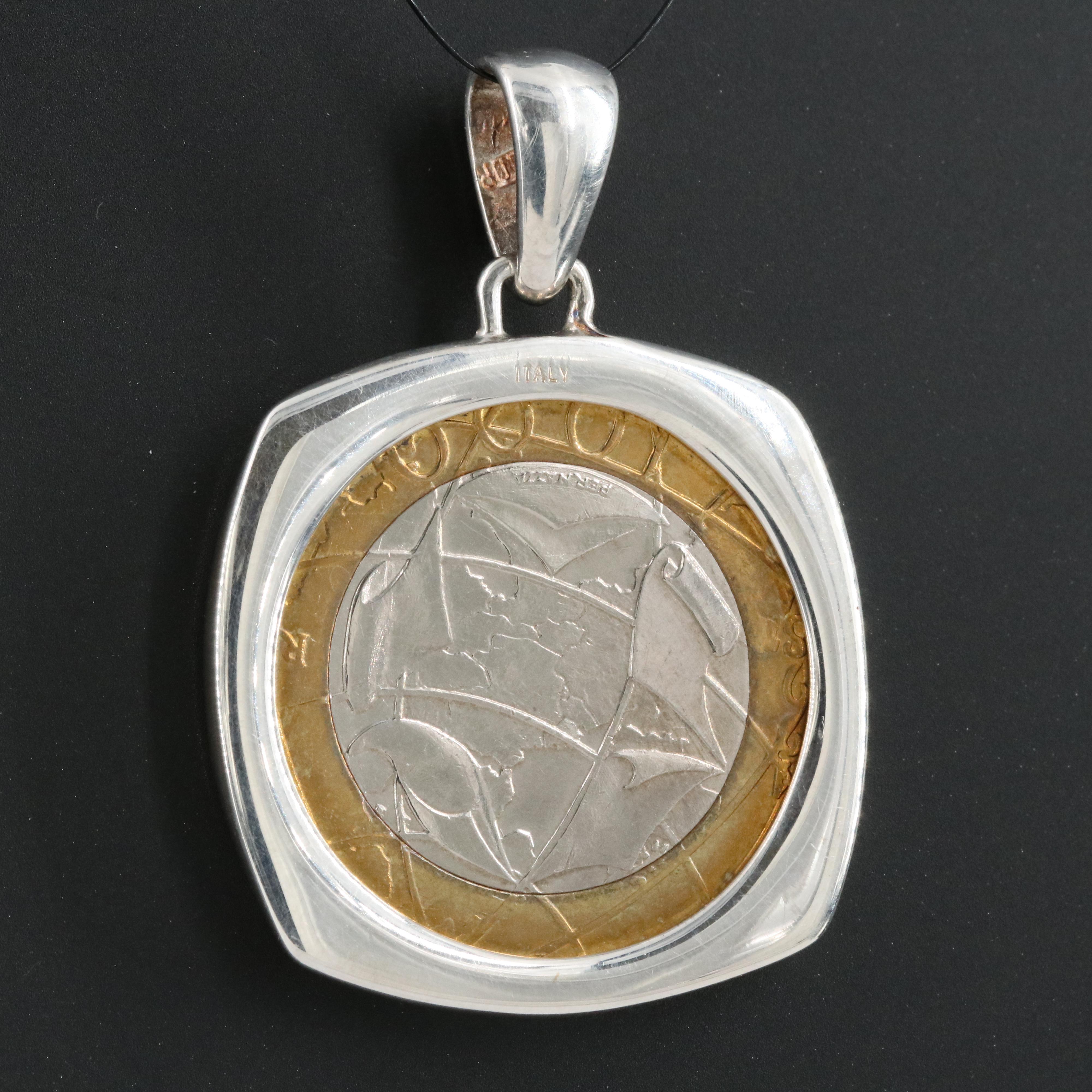 Sterling Pendant with Modern Italian 1000-Lire Coin